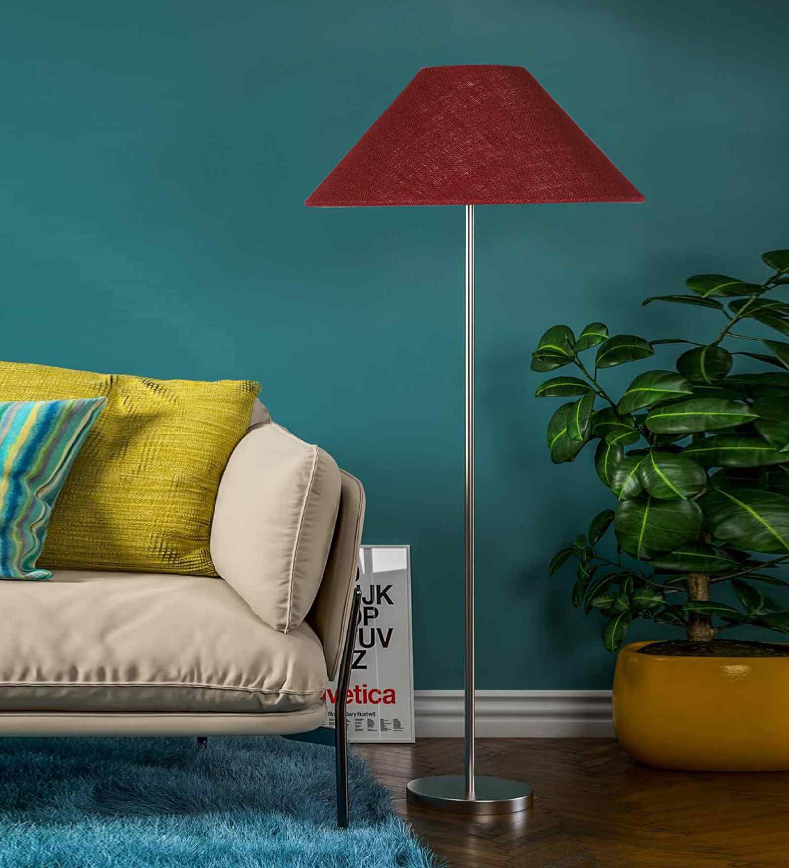 Maroon Jute Coolie Shade Floor Lamp Steel Base