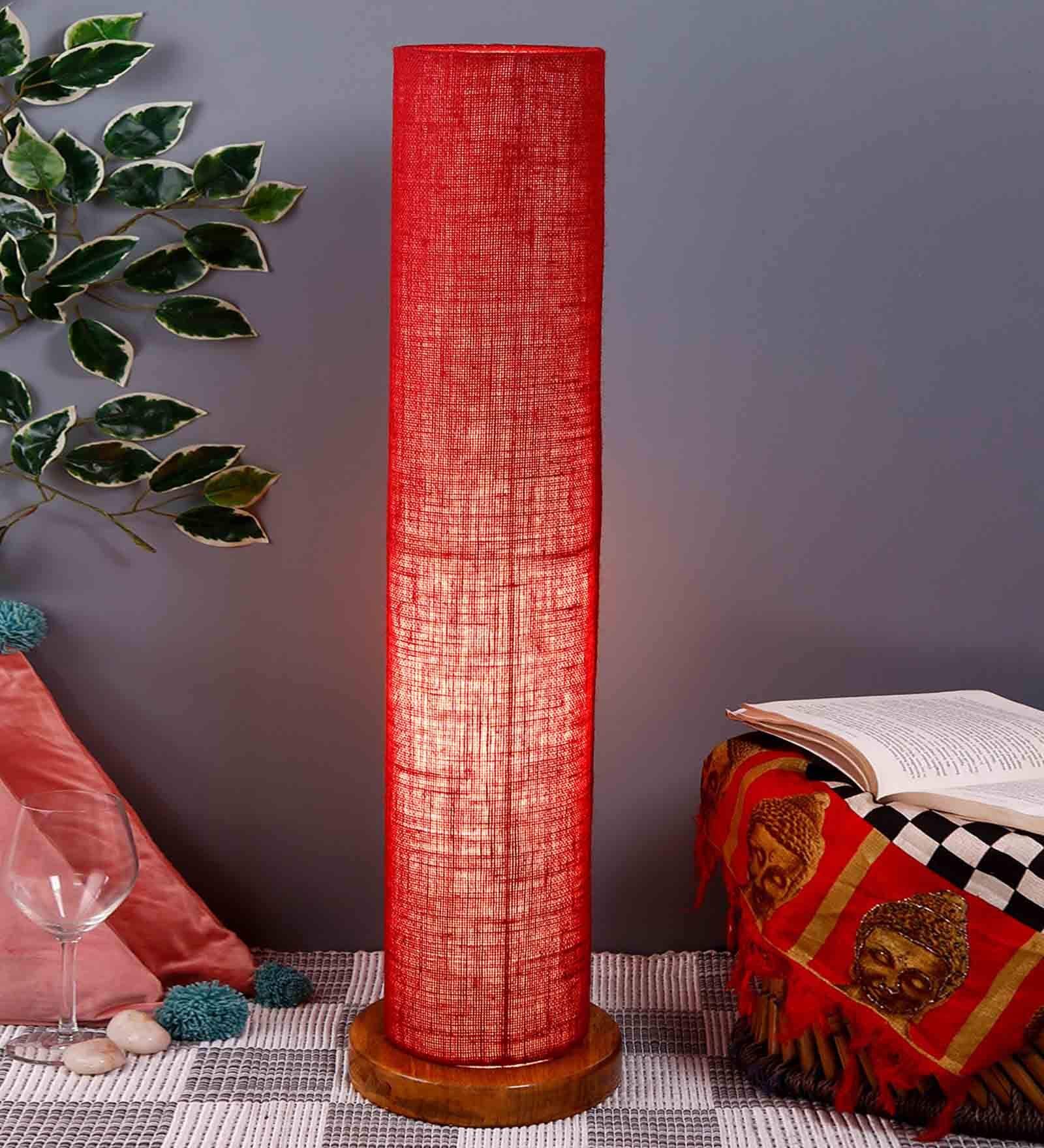 Maroon Jute Parchment Shade Column Floor Lamp With Wood Base