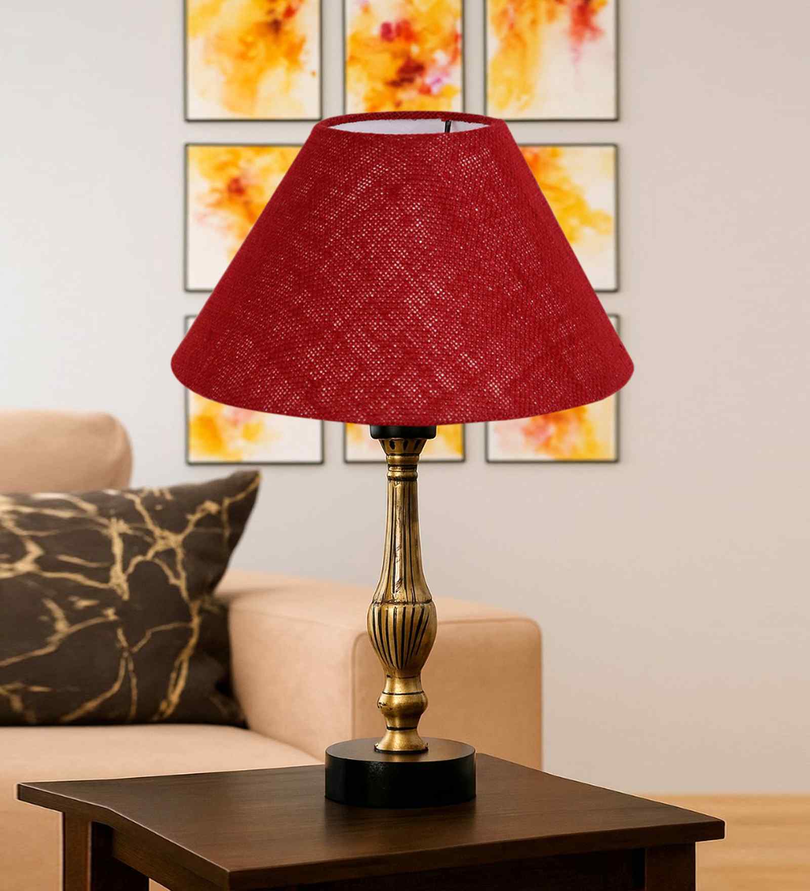 Maroon Jute Table Lamp With G Metal & Wood  Base 10X15 Inches