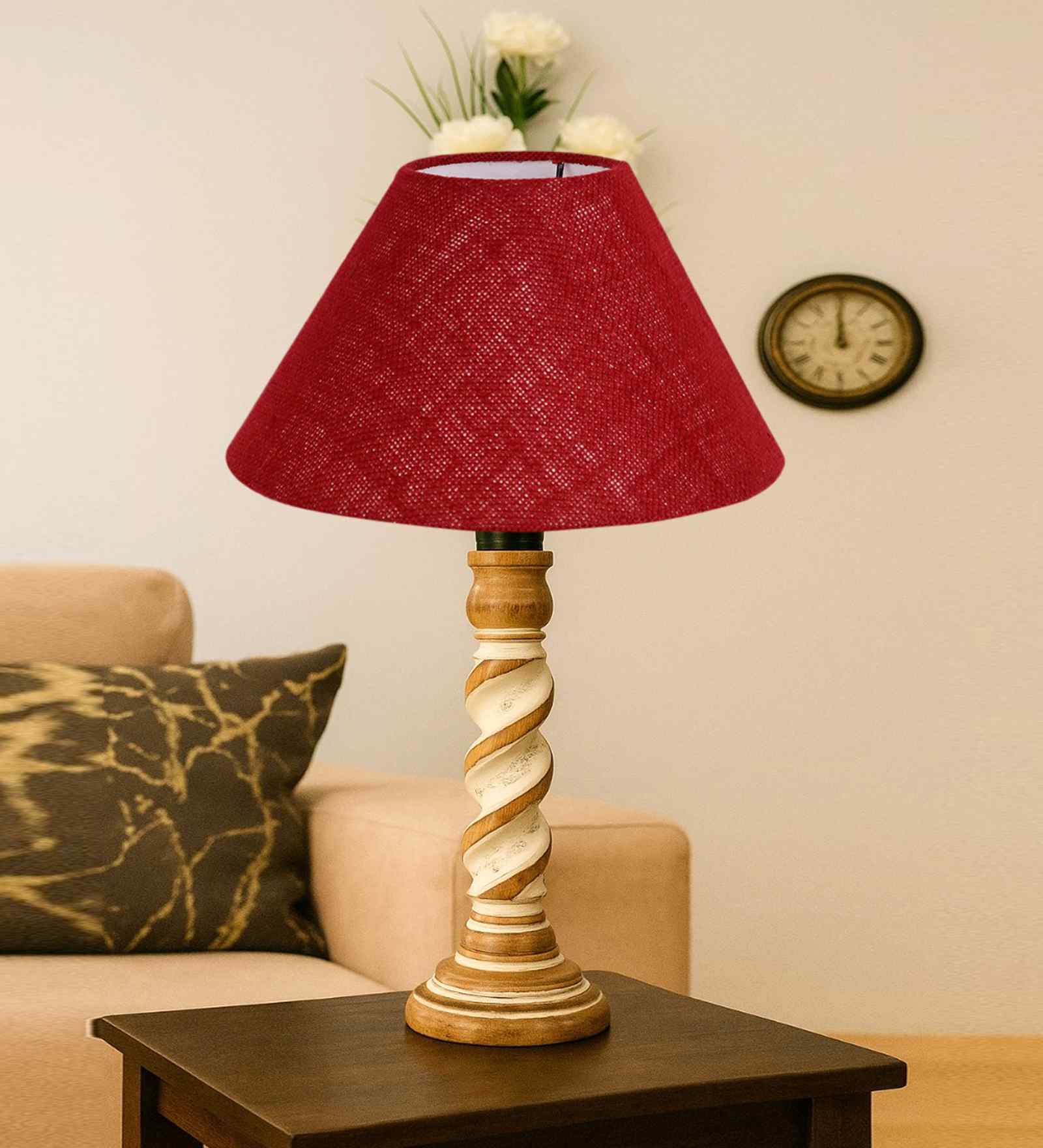 Maroon Jute Table Lamp With G Wood Base 10X19 Inches Maroon Jute Table Lamp With G Wood Base 10X19 Inches