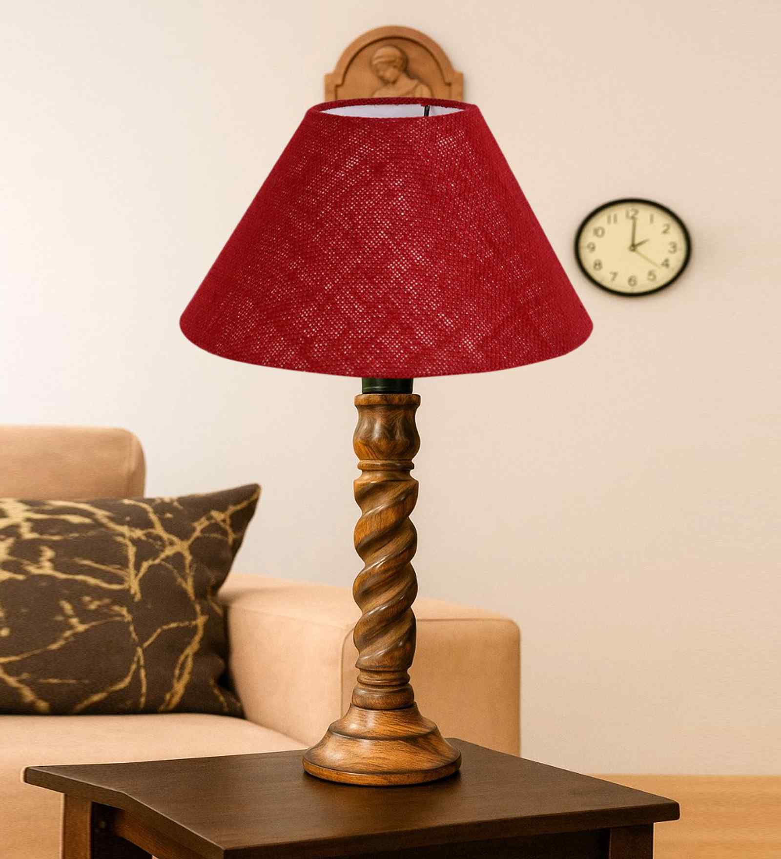Maroon Jute Table Lamp With G Wood  Base 10X19 Inches