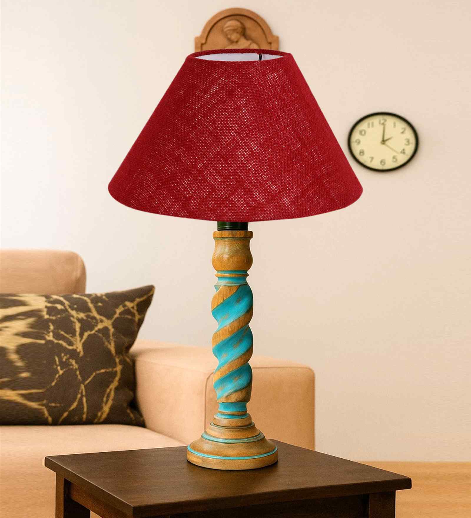 Maroon Jute Table Lamp With G Wood  Base 10X19 Inches