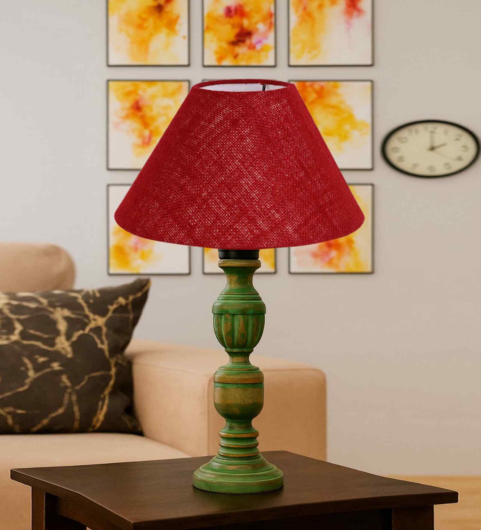 Maroon Jute Table Lamp With G Wood  Base 10X19 Inches