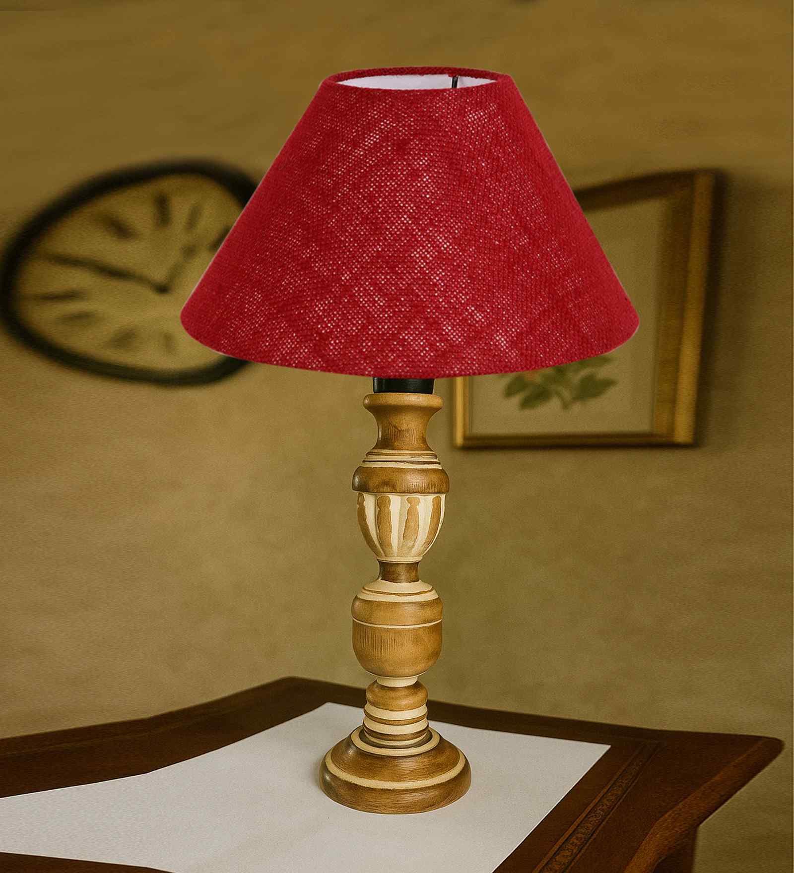 Maroon Jute Table Lamp With G Wood  Base 10X19 Inches