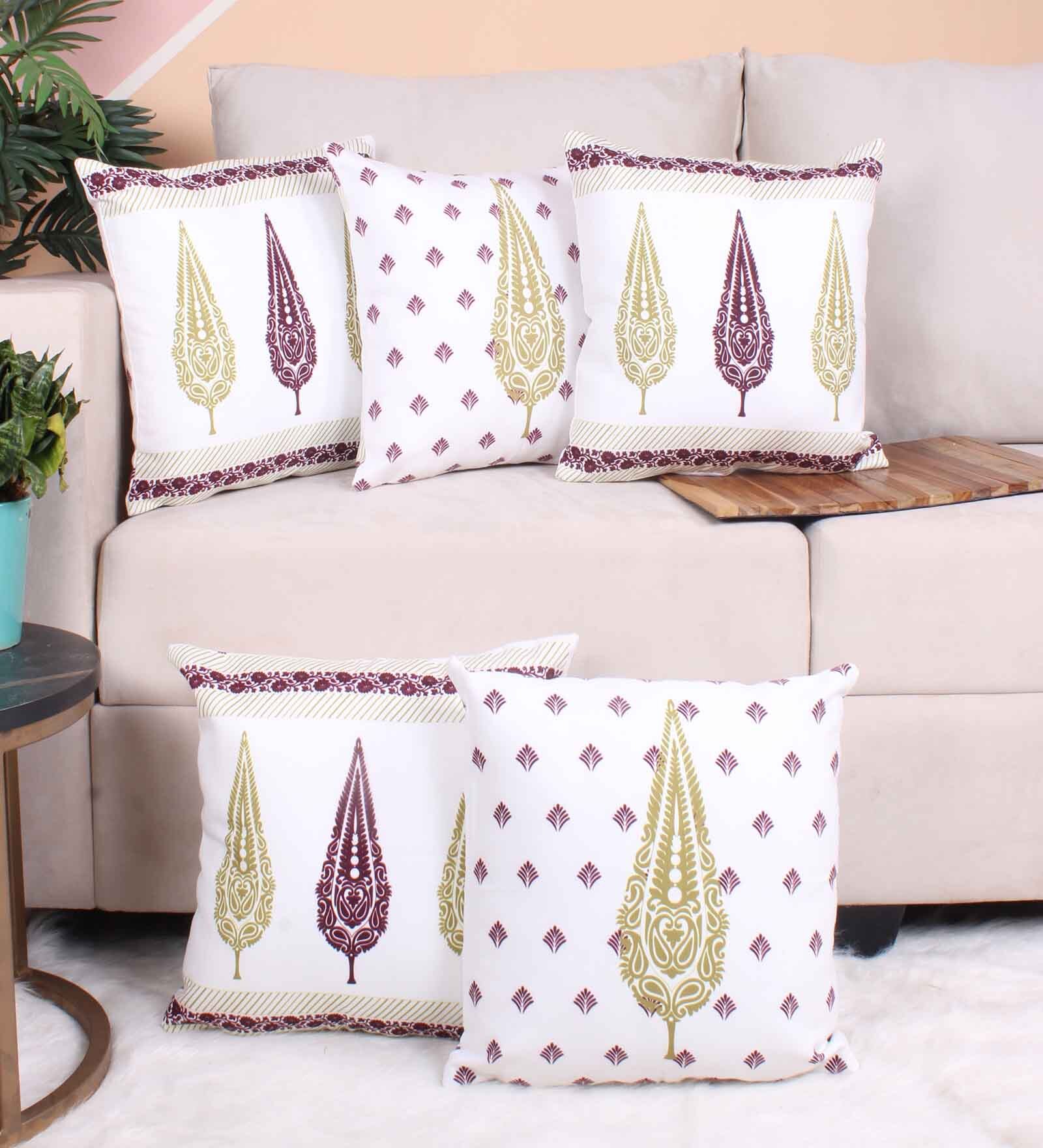 Maroon Polycotton Floral 16x16 inches Cushion Covers (Pack of 5)