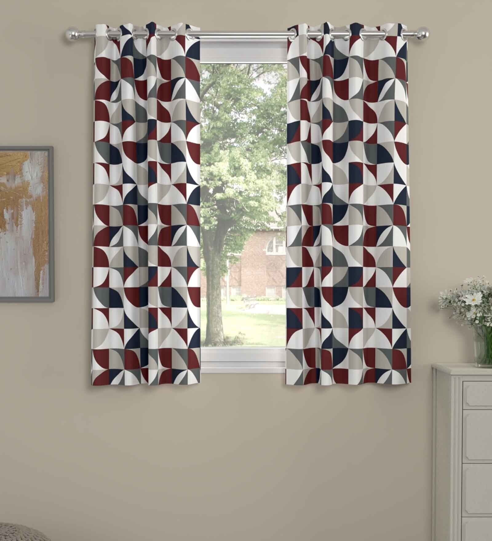 Maroon Polyester Abstract 5ft Semisheer Eyelet (2 pc) Window Curtains