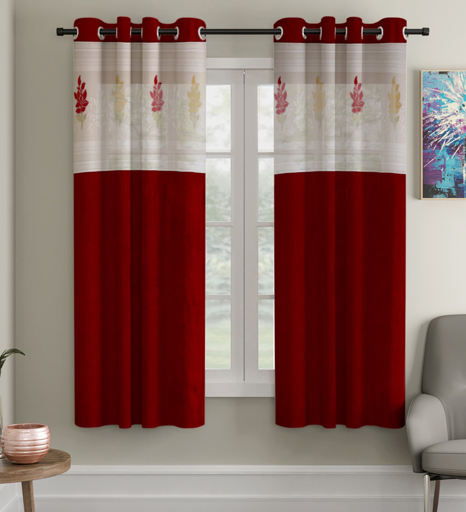 Maroon Traditional Polyester 5 Ft Semisheer Eyelet Window Curtains (Set of 2)