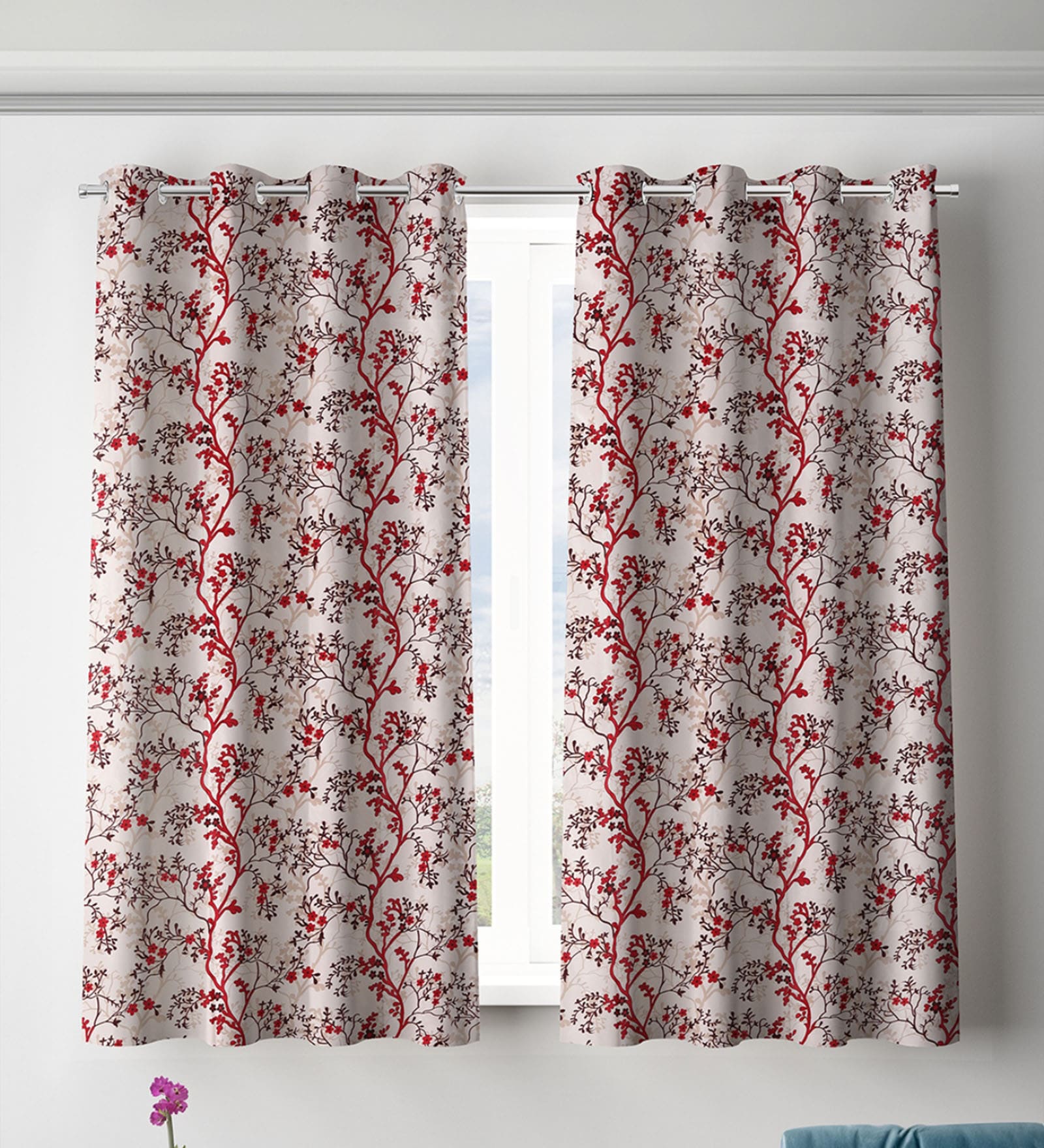 Maroon Polyester Floral Light Filtering Eyelet 5 Feet Window Curtains (2 Pc)