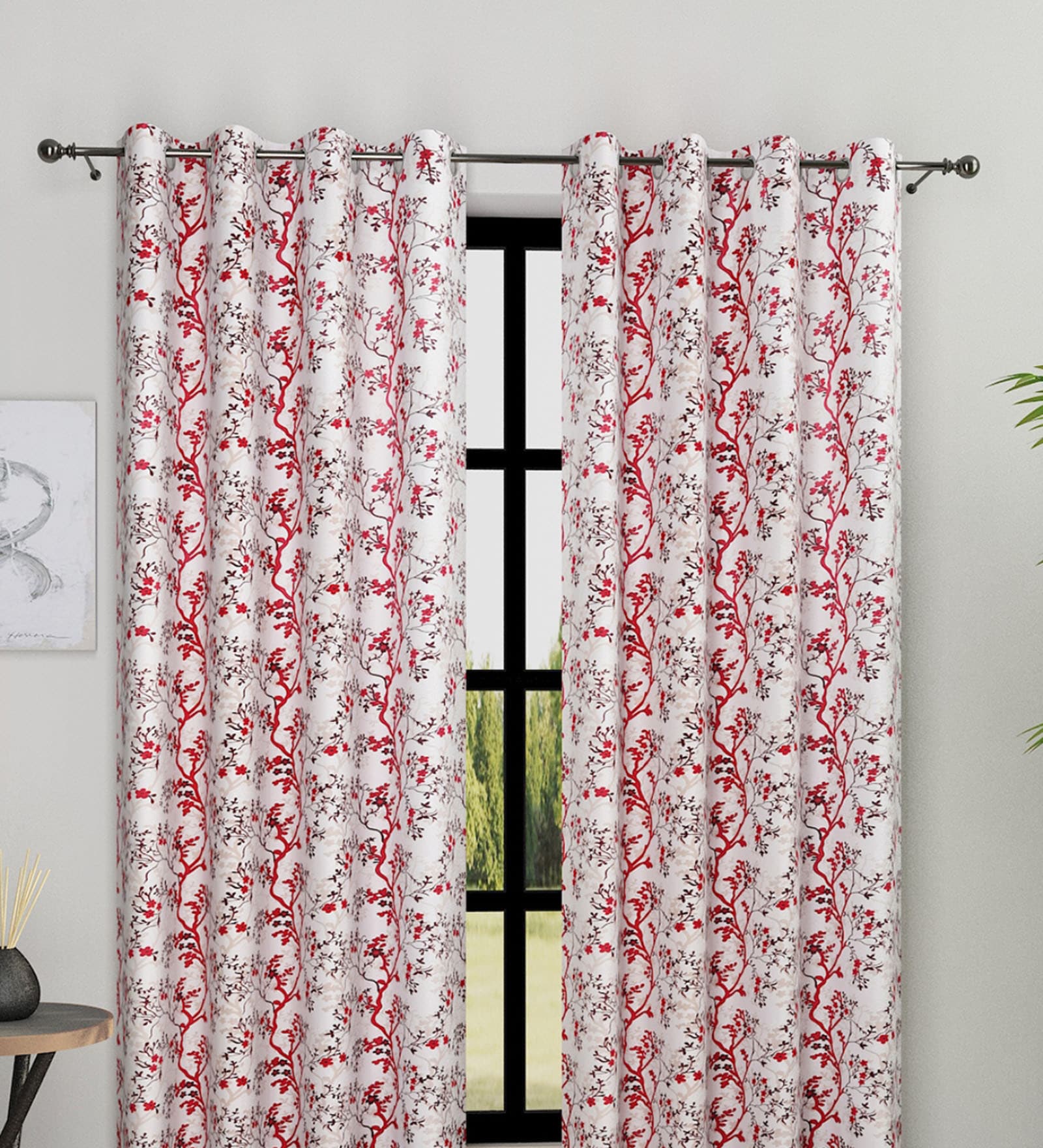 Maroon Polyester Floral Light Filtering Eyelet 9 Feet Door Curtains (2 Pc)
