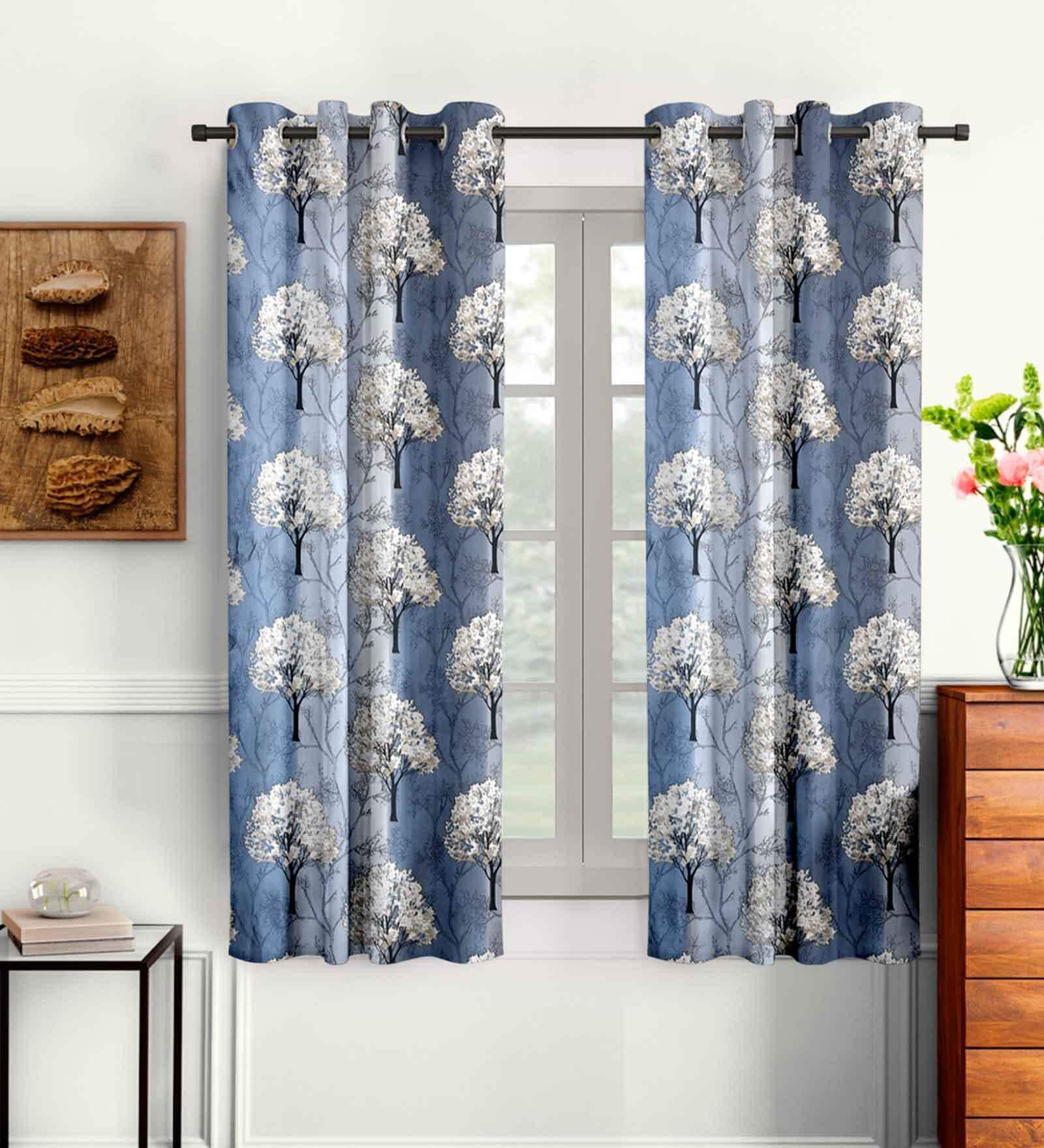 Blue Floral Polyester 5 Ft Semisheer Eyelet Window Curtains (Set of 2)