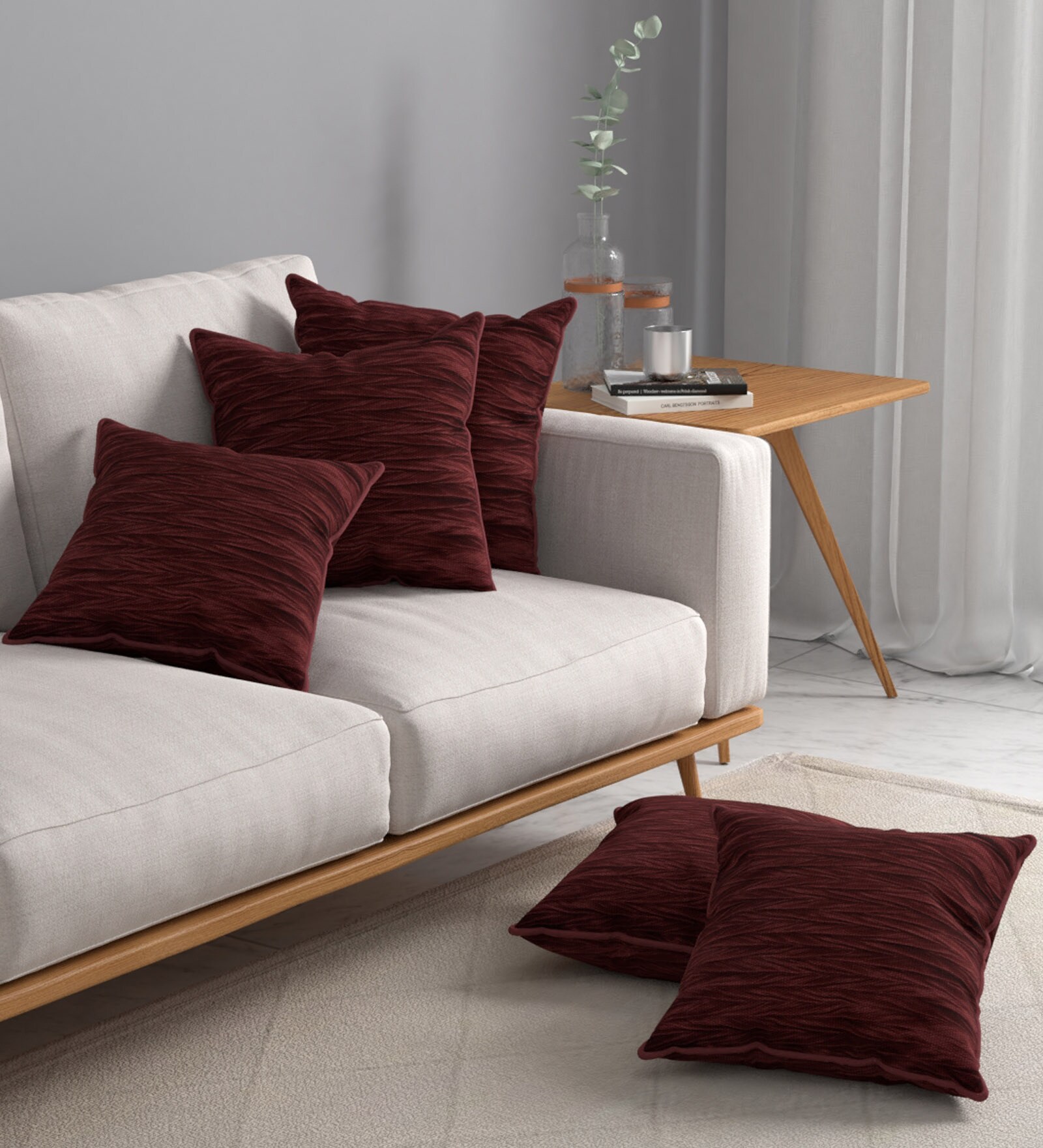 Maroon Textured Polyester 32 x 32 Inches Cushion Covers (Set of 5)