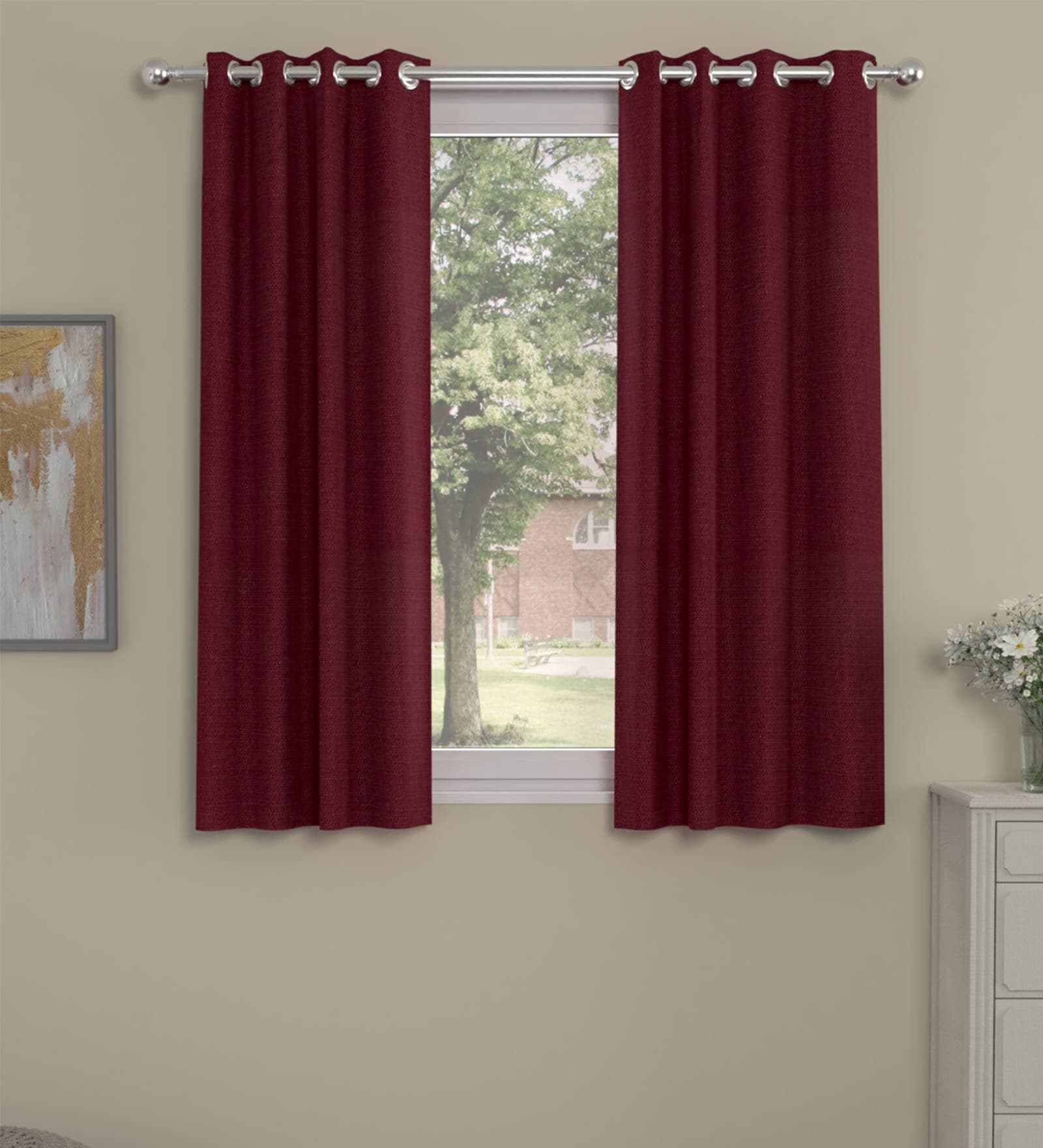 Maroon Polyester Solid 5 Ft  Semisheer Eyelet 2 Window Curtains