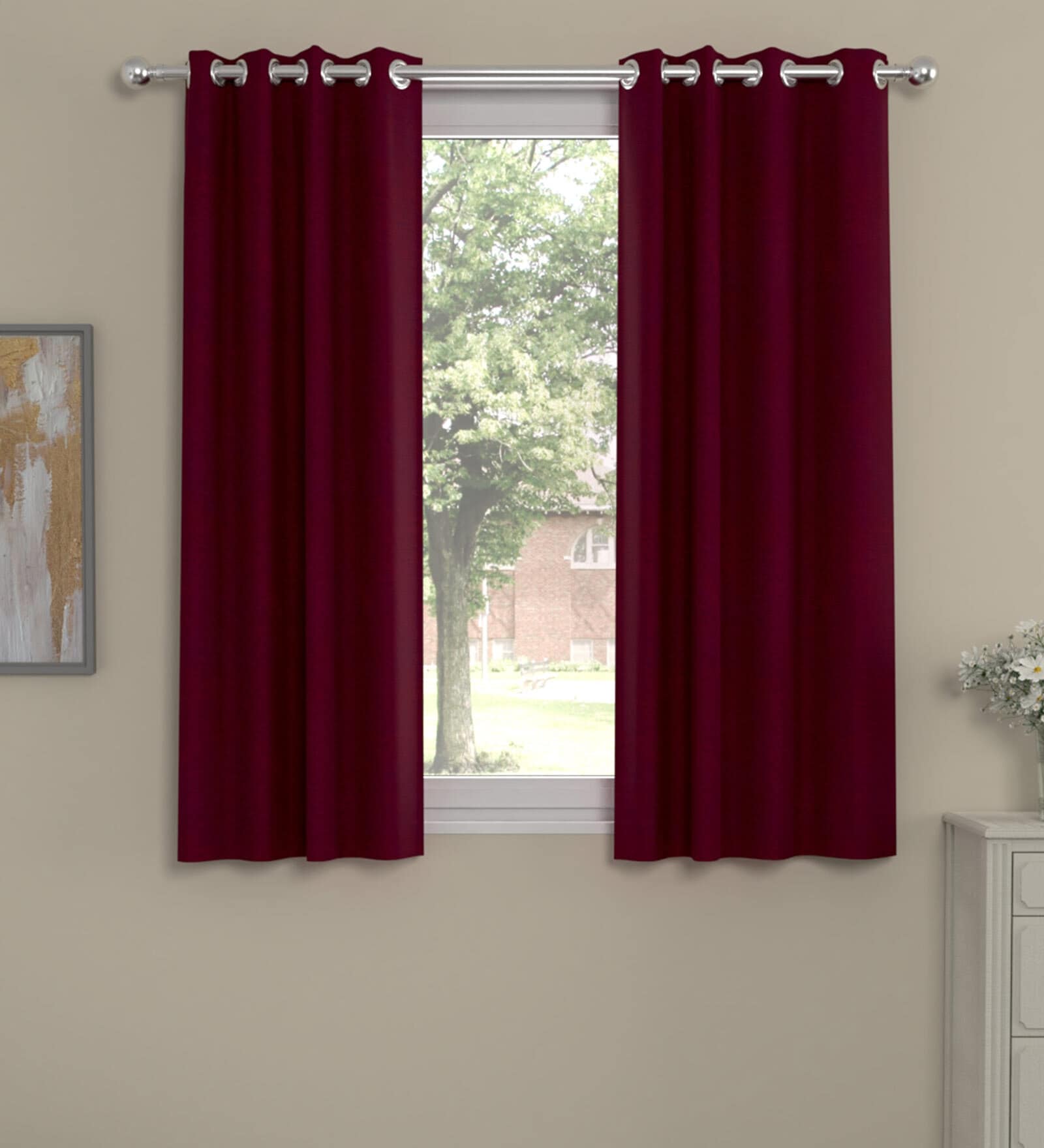 Maroon Polyester Solid 5 Ft  Semisheer Eyelet 2 Window Curtains