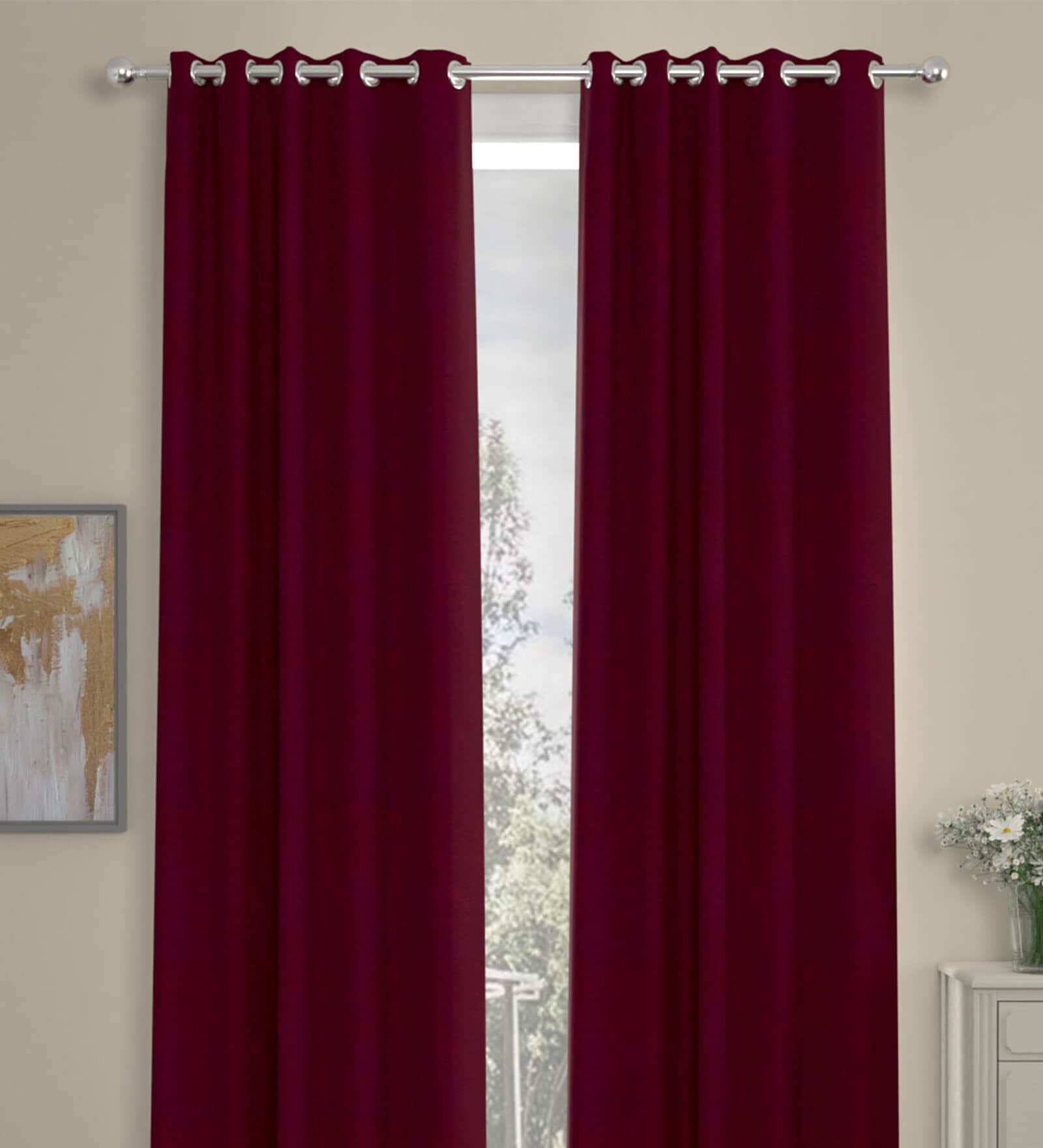 Maroon Polyester Solid 9 Ft Semisheer Eyelet 2 Door Curtains