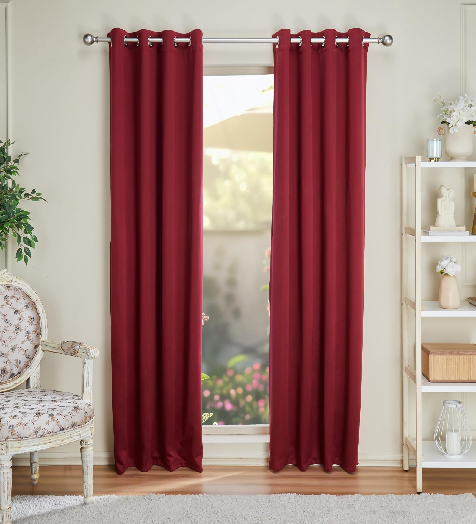 Maroon Polyester Solid 9ft Blackout Eyelet Door Curtain (2 Pc)