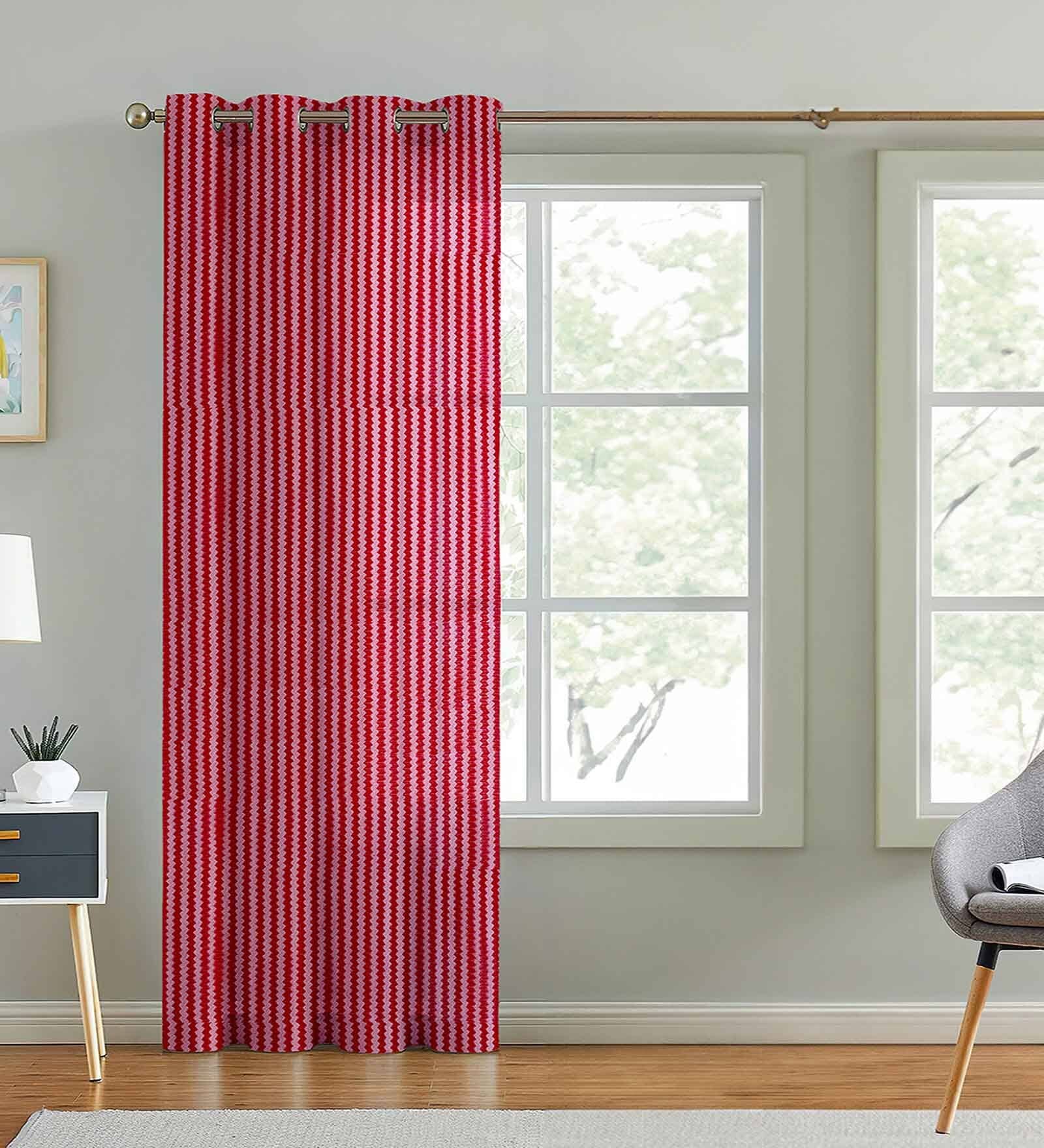 Maroon Polyester Striped 9ft Sheer Eyelet Door Curtain
