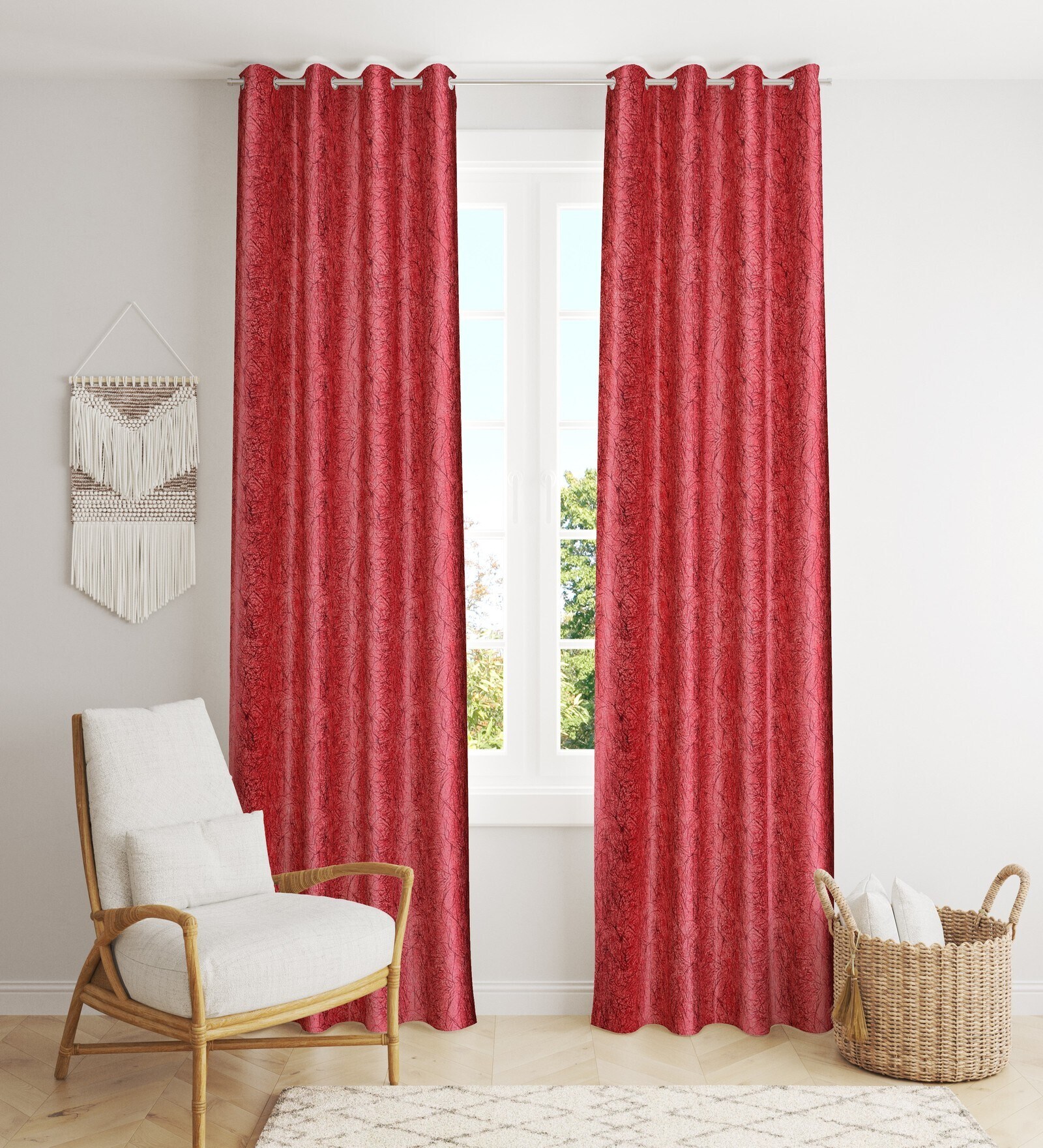 Maroon Poleyster Camrin Leaves 9 Feet Semi Transperency Ring Top Long Door Curtains 2Pcs