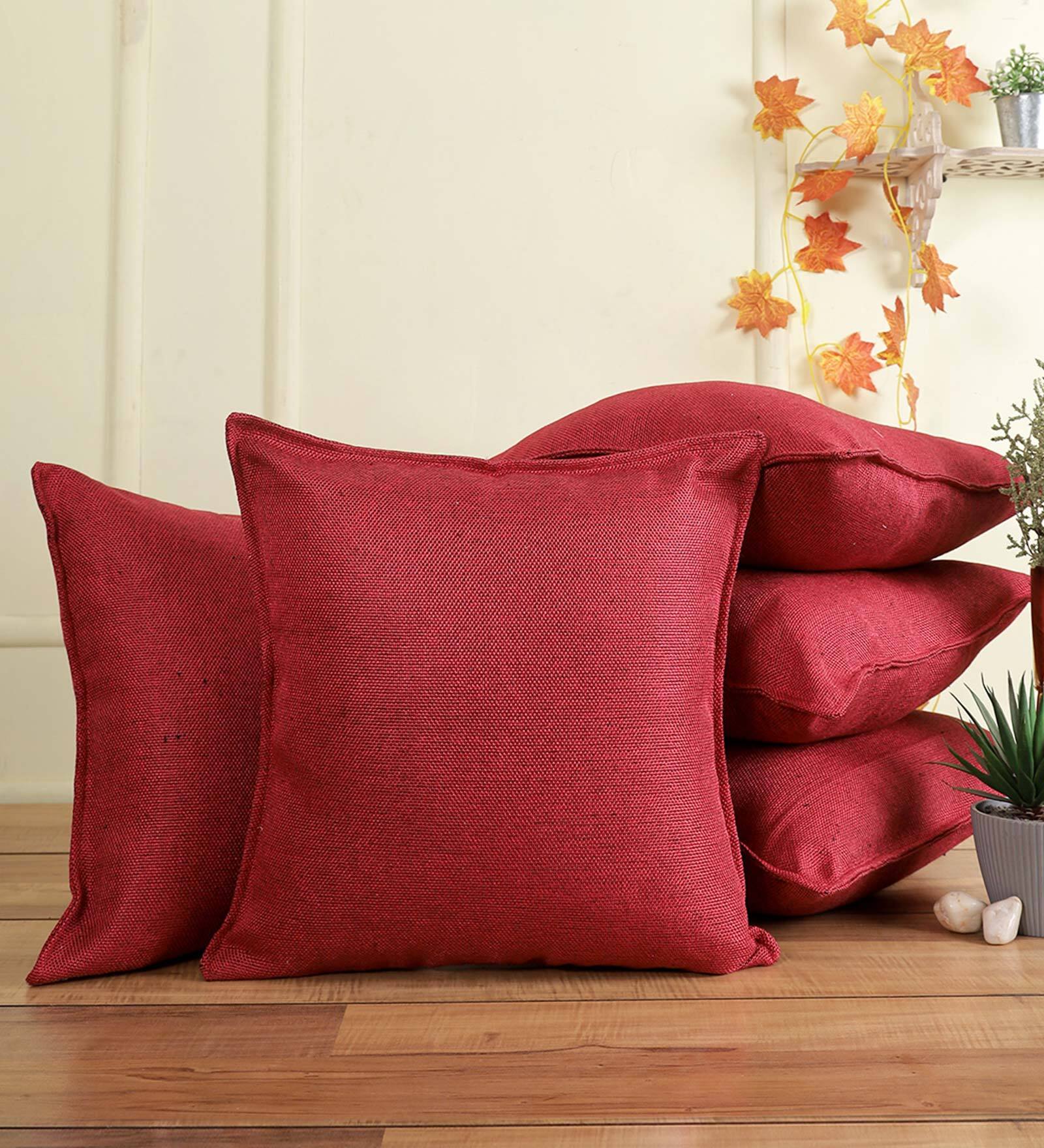 Maroon Solid Jute 16 x 16 Inches Cushion Covers (Set of 5)