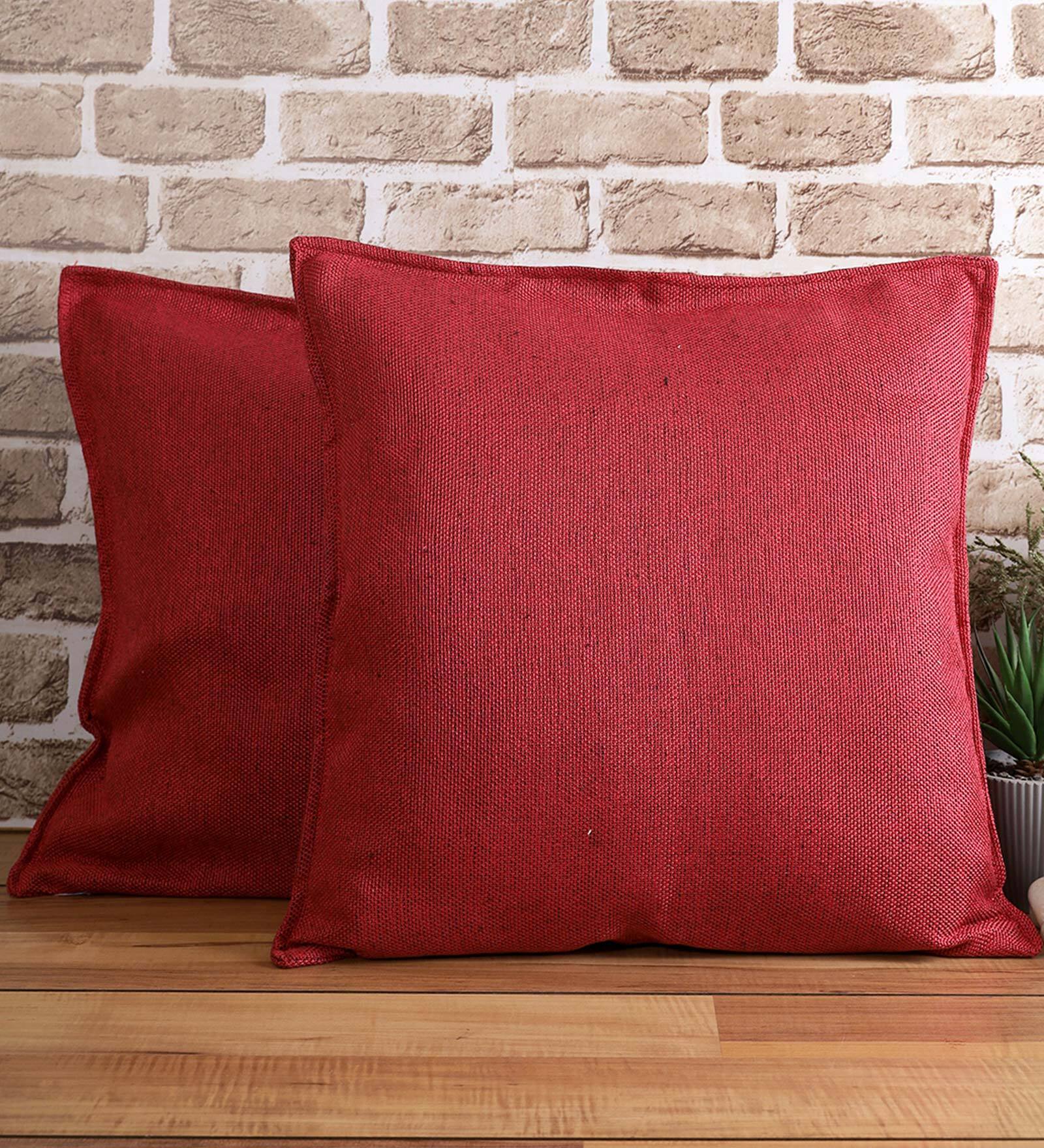 Maroon Solid Jute 18 x 18 Inches Cushion Covers (Set of 2)