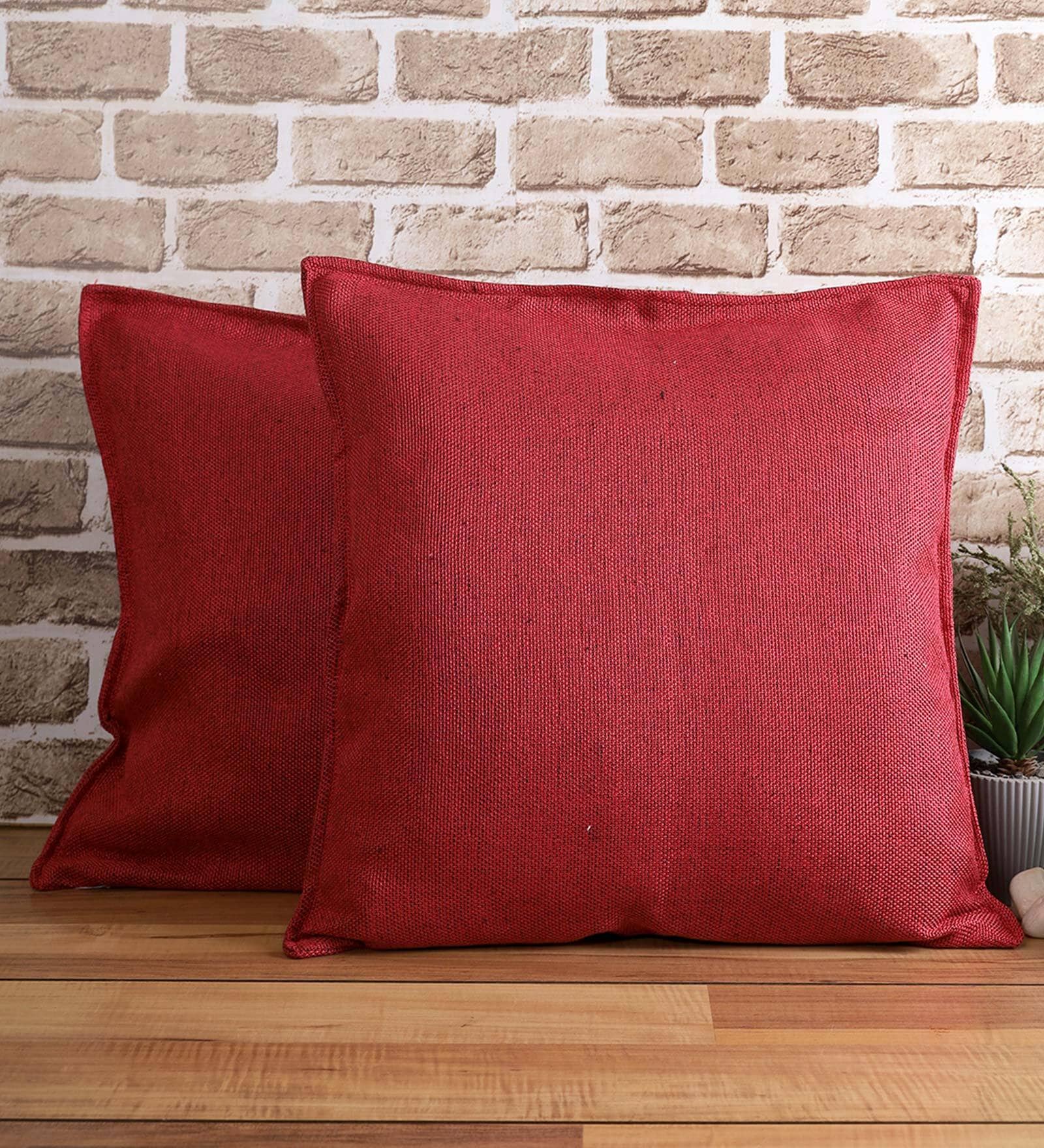 Maroon Solid Jute 24 x 24 Inches Cushion Covers (Set of 2)