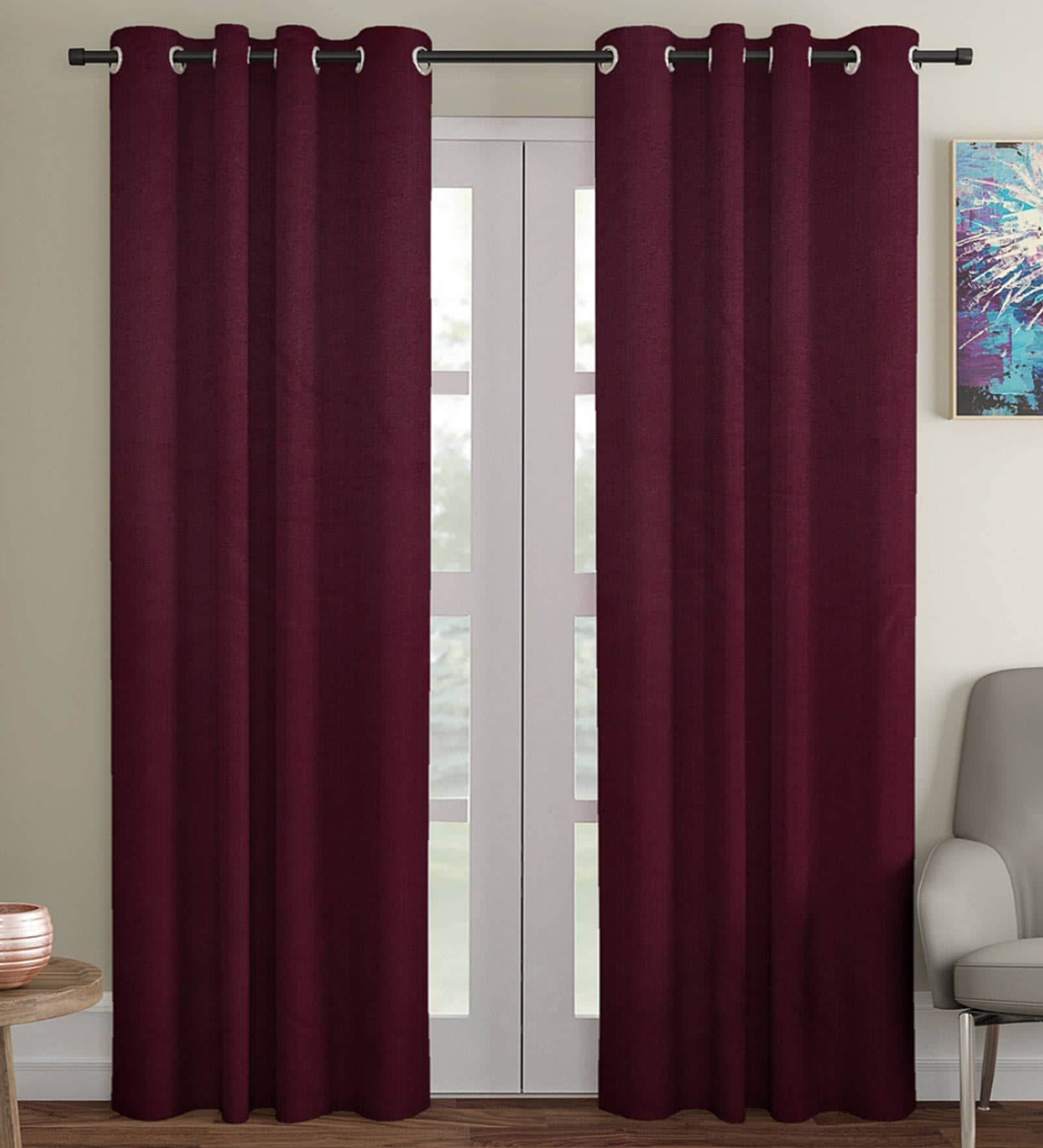 Maroon Satin Solid 7FT Light Filtering Eyelet Door Curtains (Pack of 2)