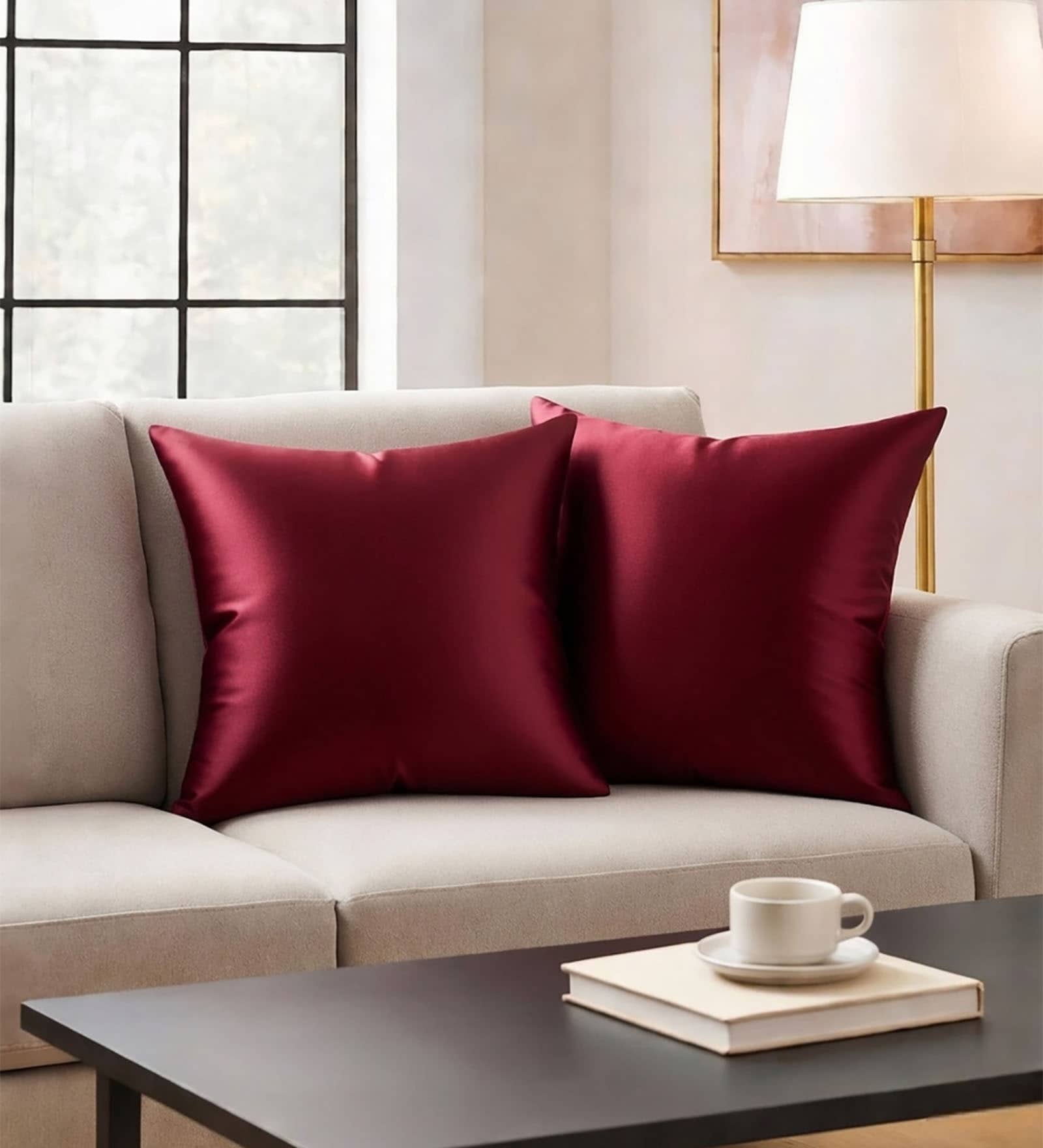 Maroon Satin Solid 40x40 inches Cushion Covers Set of 2