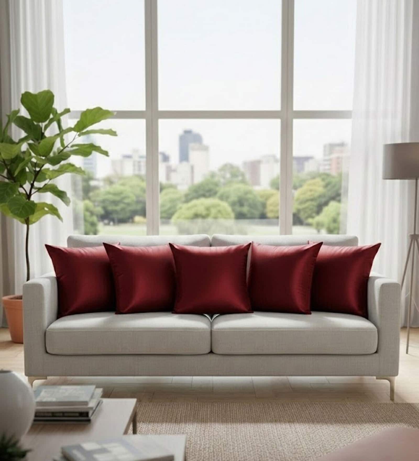 Maroon Satin Solid 40x40 inches Cushion Covers Set of 5