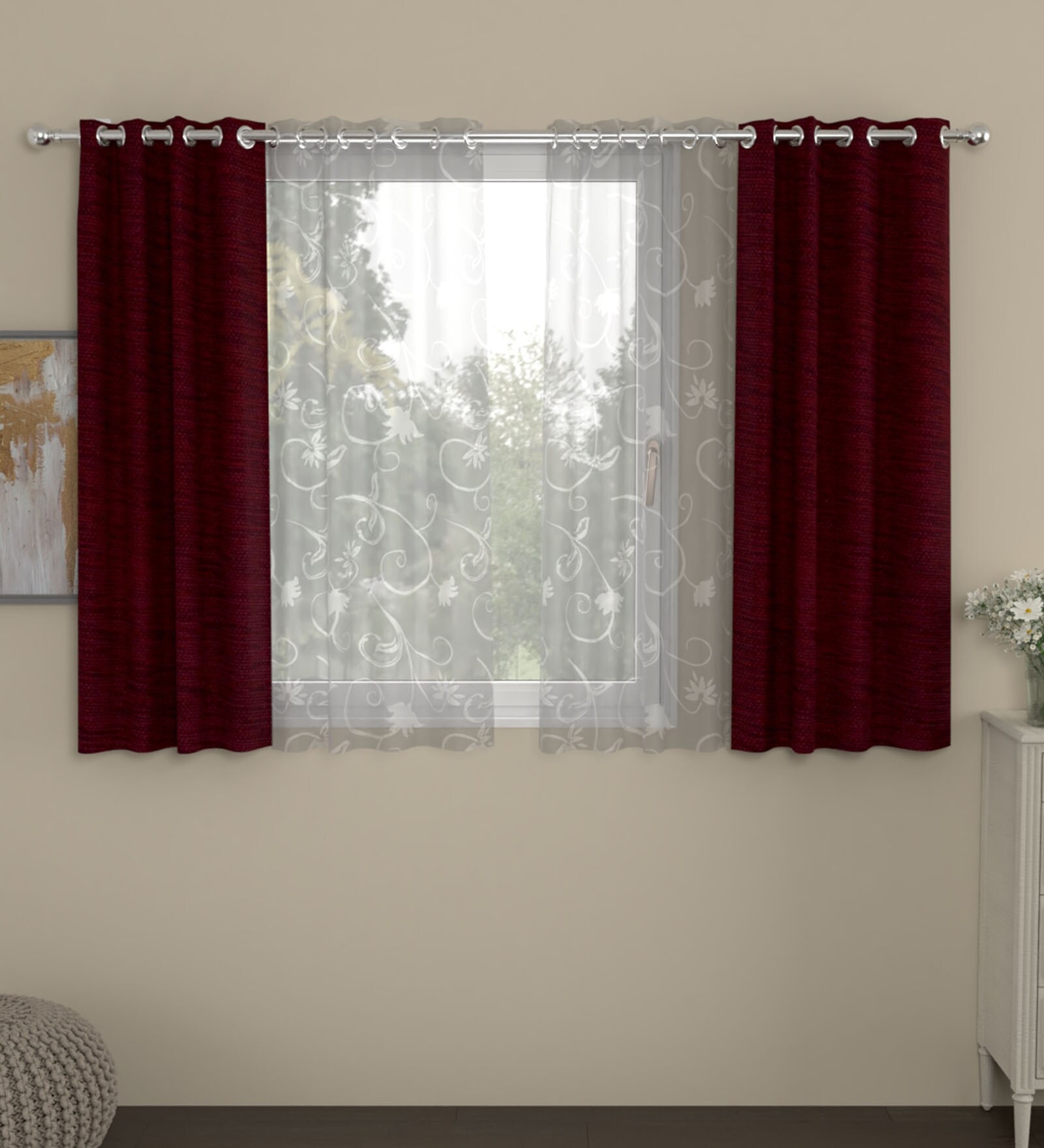 Maroon Semisheer Polyester 5 Feet Eyelet Set of 4 Curtains