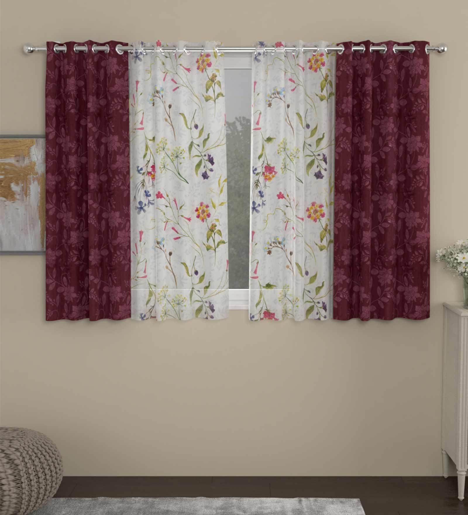 Maroon Polyester FLoral 5ft Semisheer Eyelet 4 Pcs Window Curtains