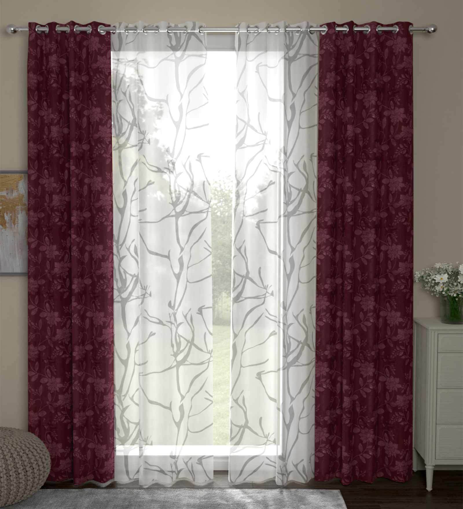 Maroon Semisheer Polyester 7 Feet Eyelet Set of 4 Curtains