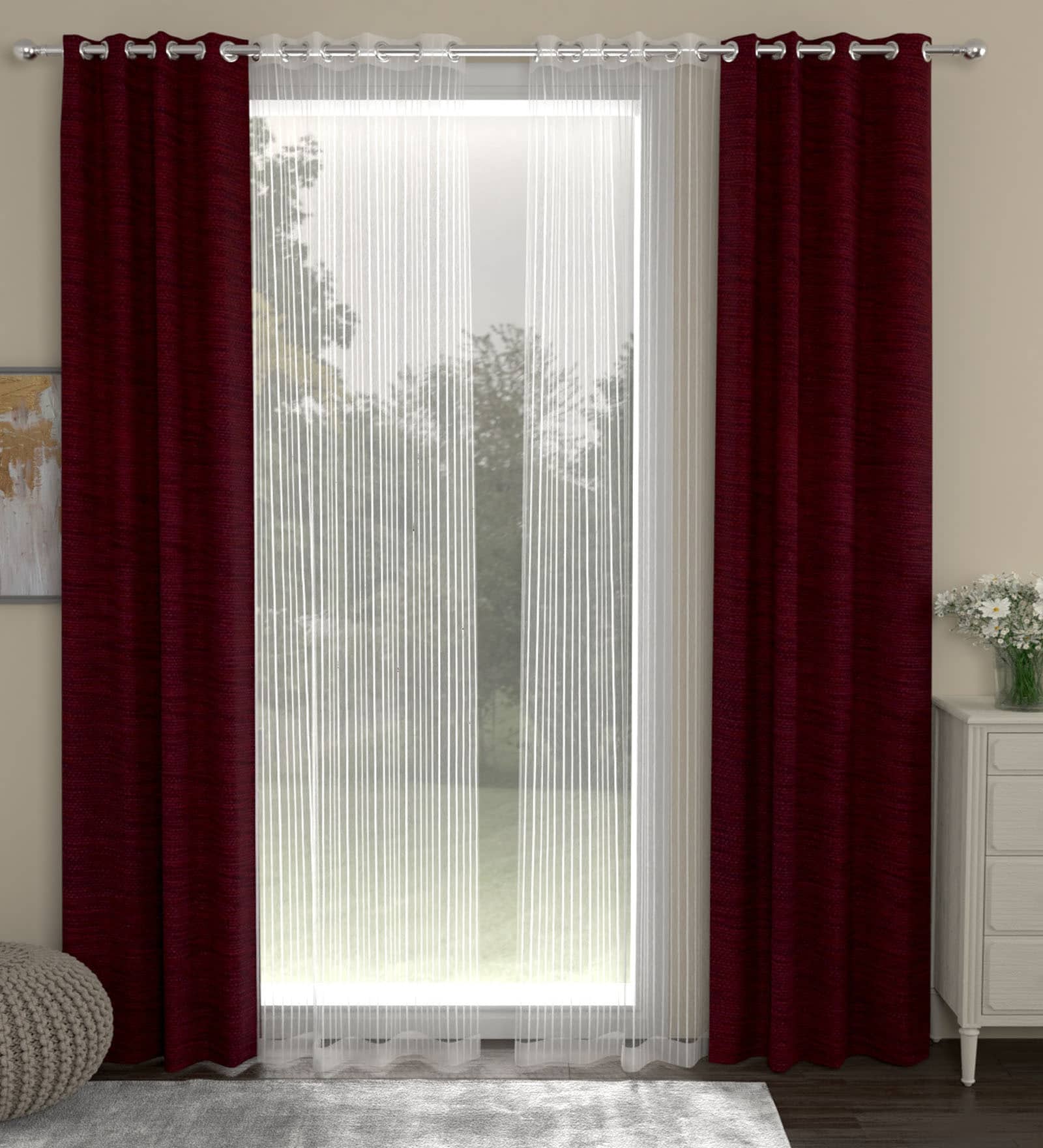 Maroon Solid Polyester 7 Ft Semisheer Eyelet Door Curtains (Set of 4)