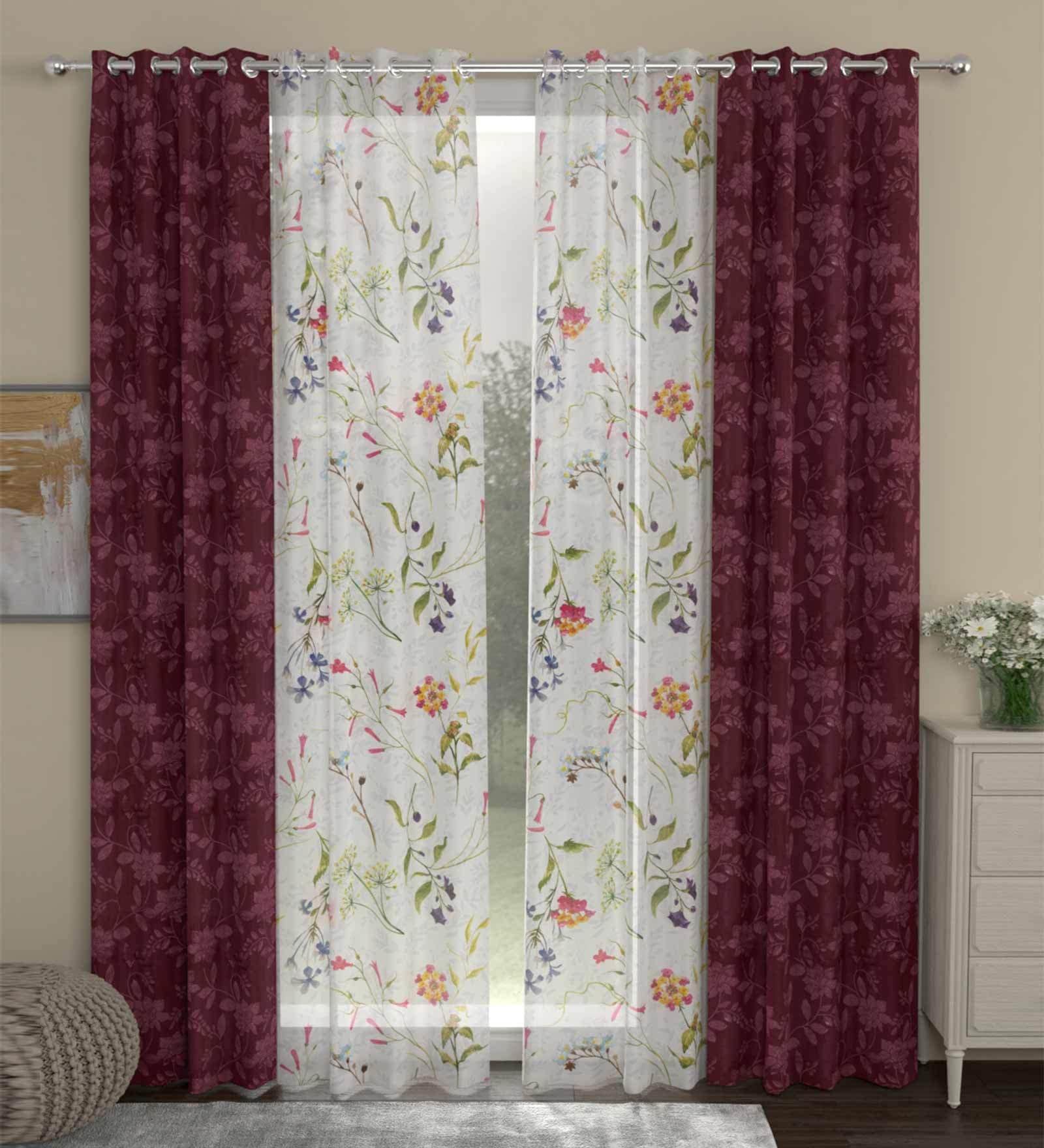 Maroon Semisheer Polyester 7 Feet Eyelet Set of 4 Curtains