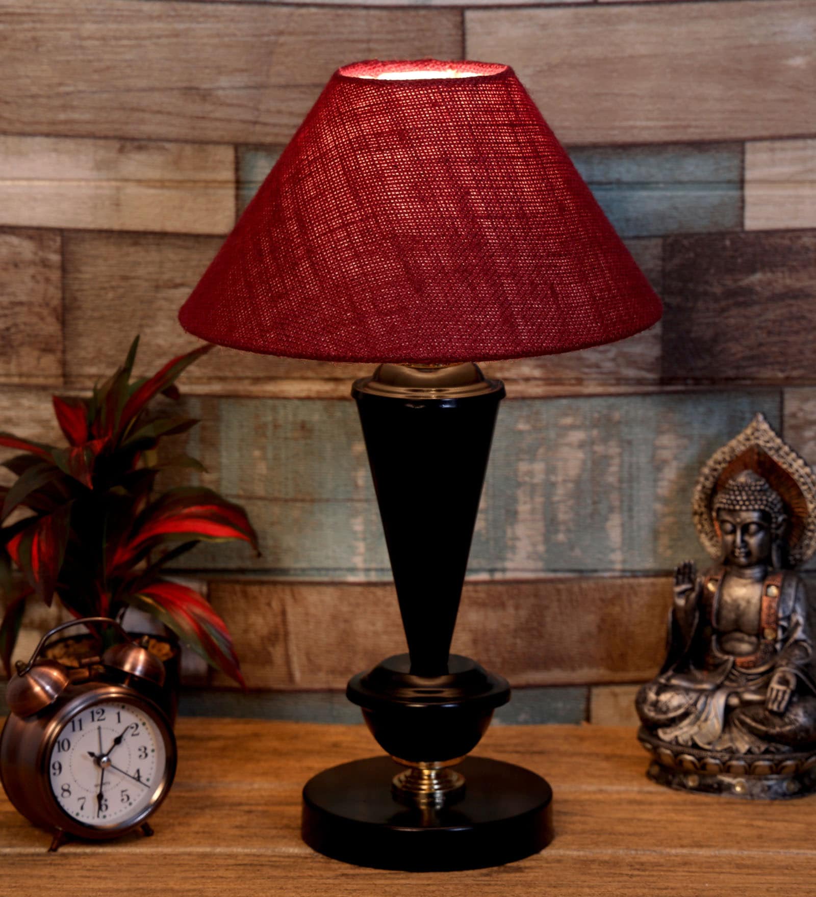Maroon Shade Table Lamp With Metal Base
