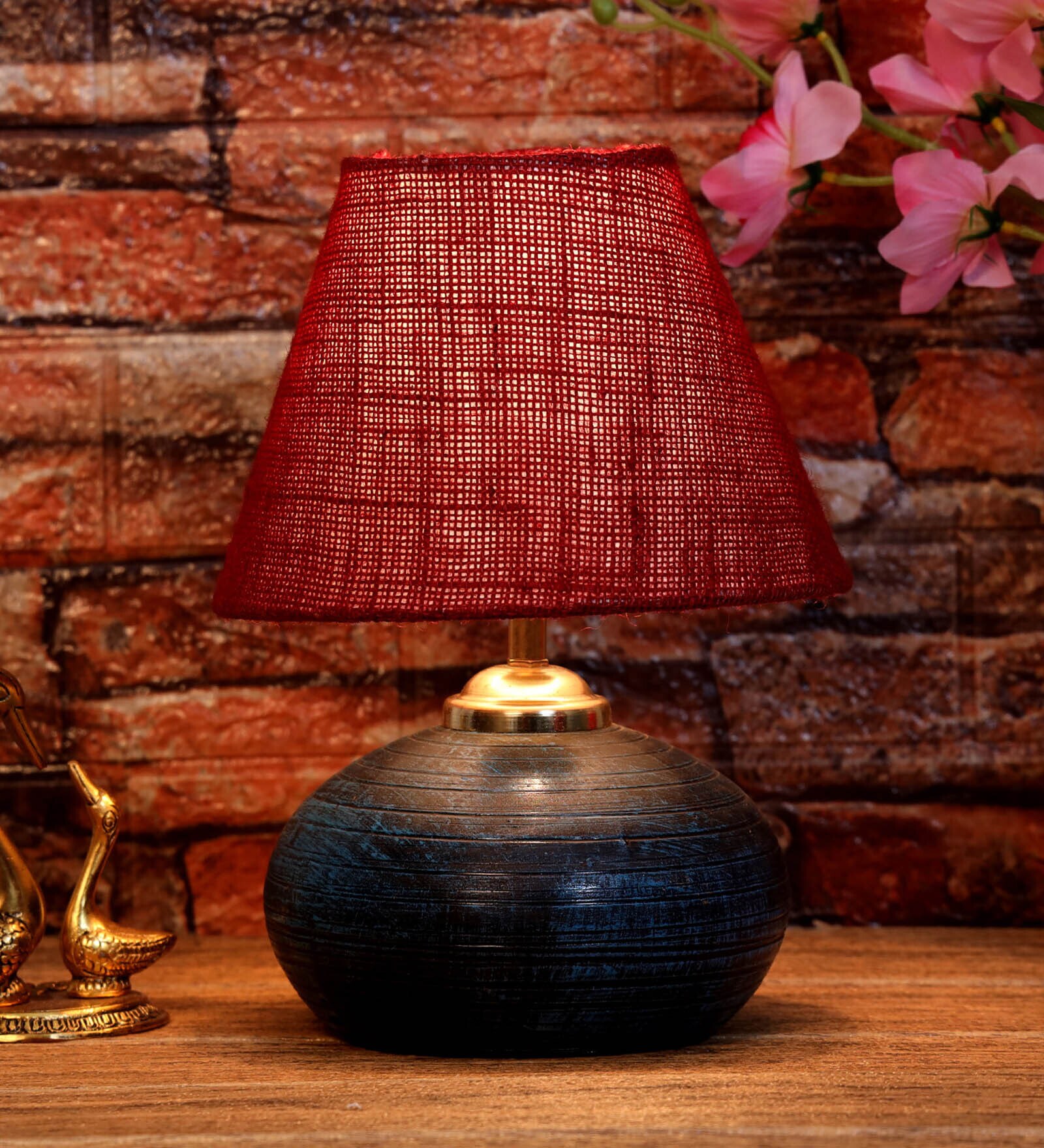 Maroon Shade Table Lamp With Terracotta Base