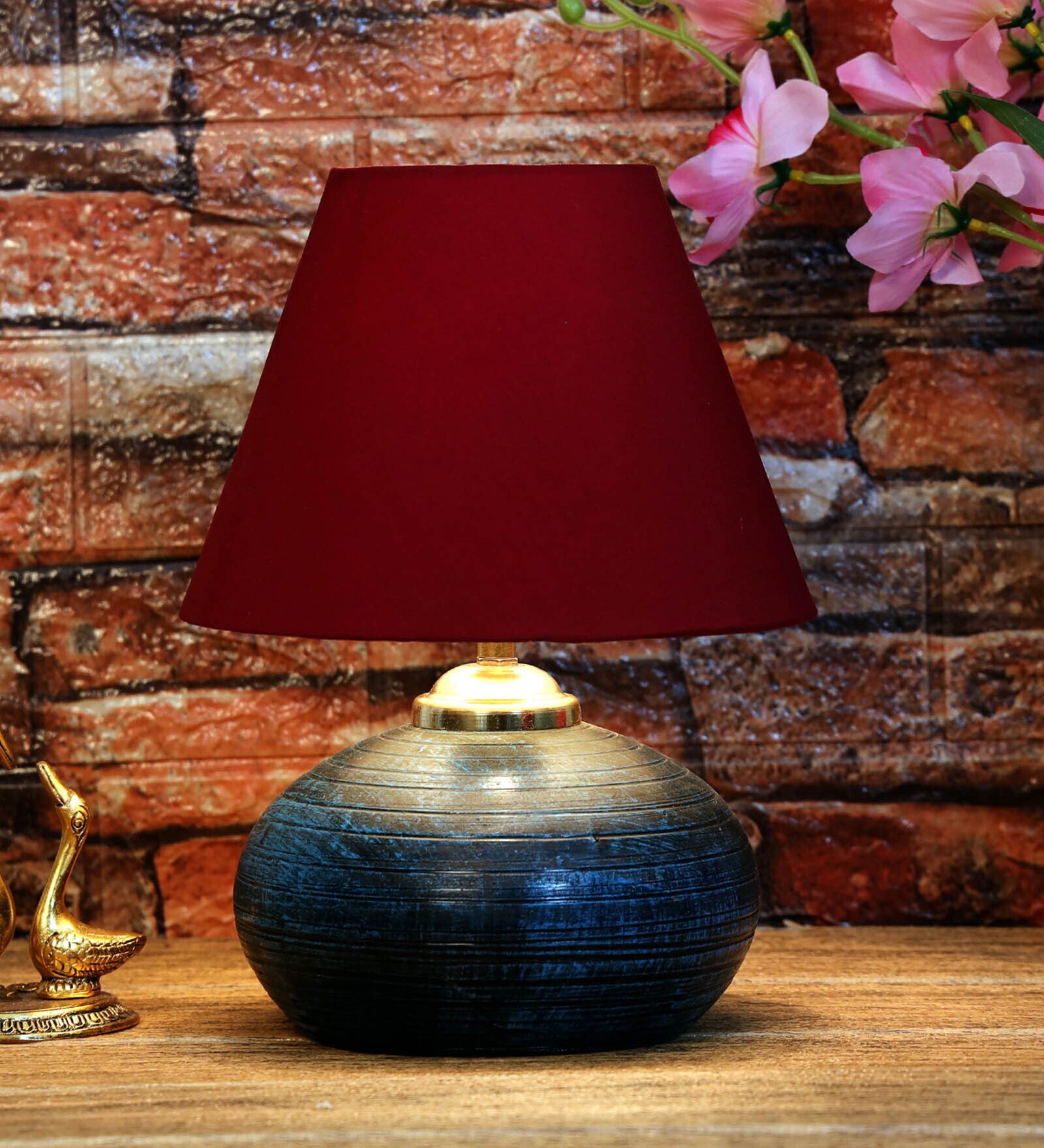 Maroon Shade Table Lamp With Terracotta Base