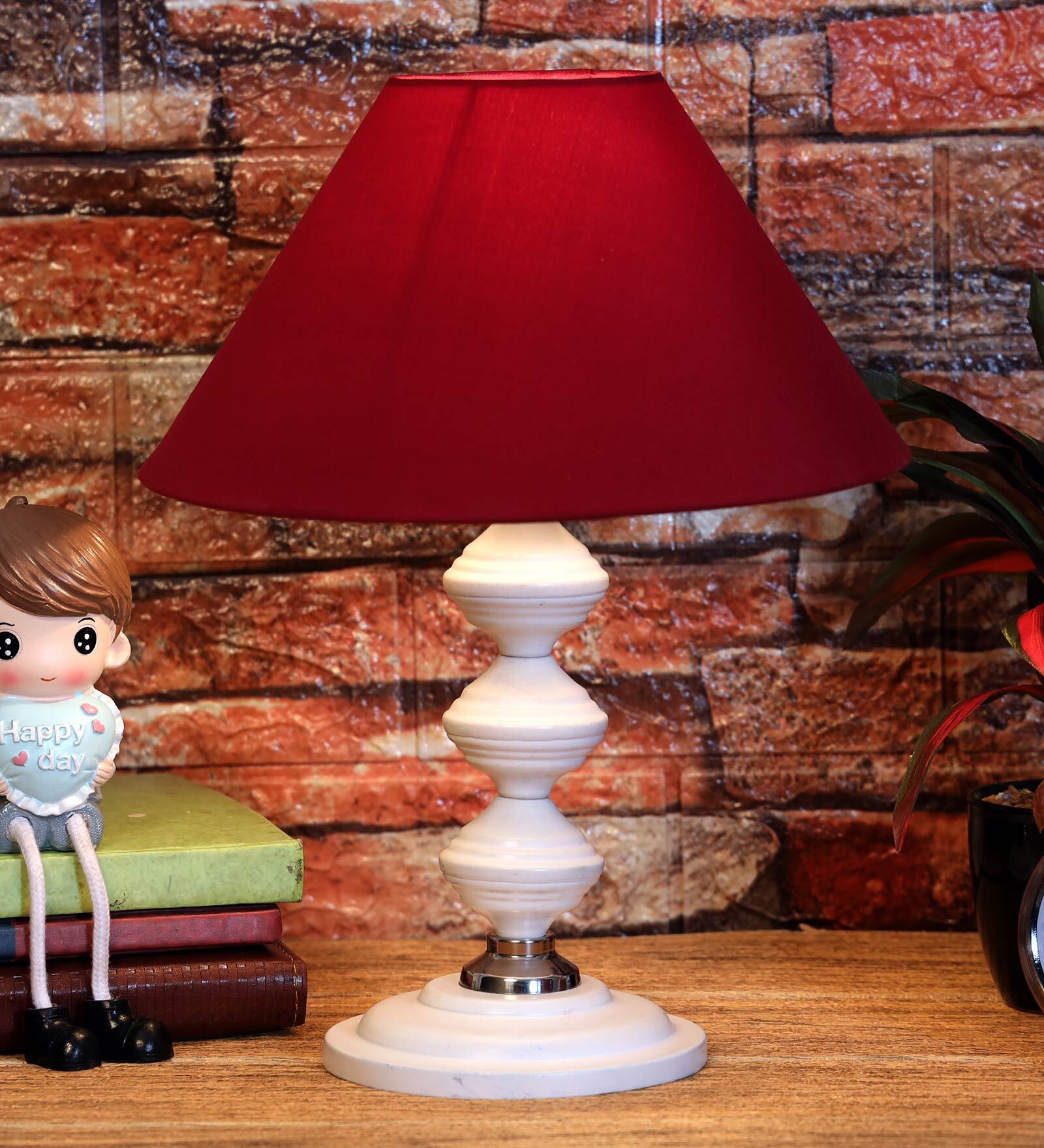 Maroon Shade Table Lamp With Metal Base