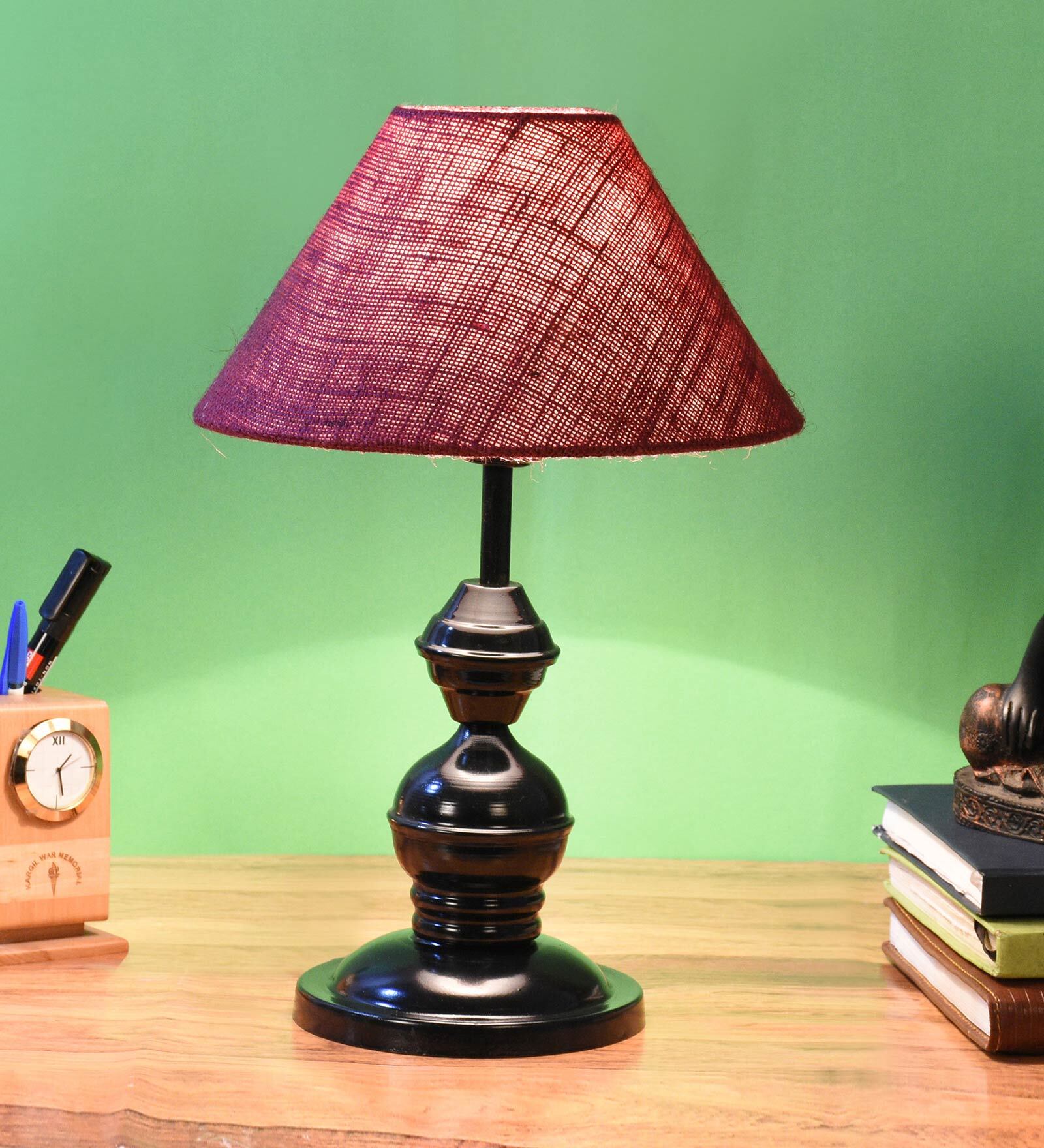 Maroon Shade Table Lamp With Metal Base
