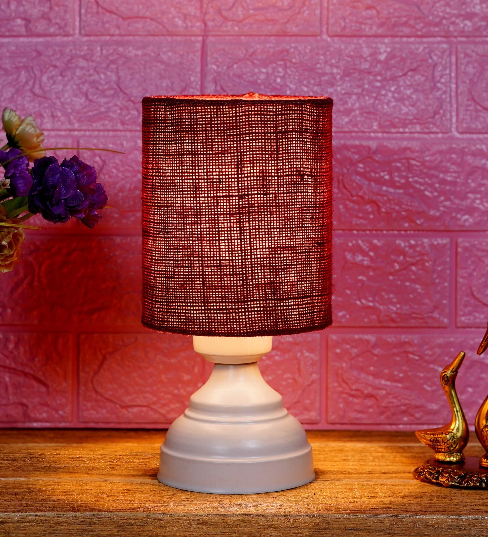 Maroon Shade Table Lamp With Metal Base