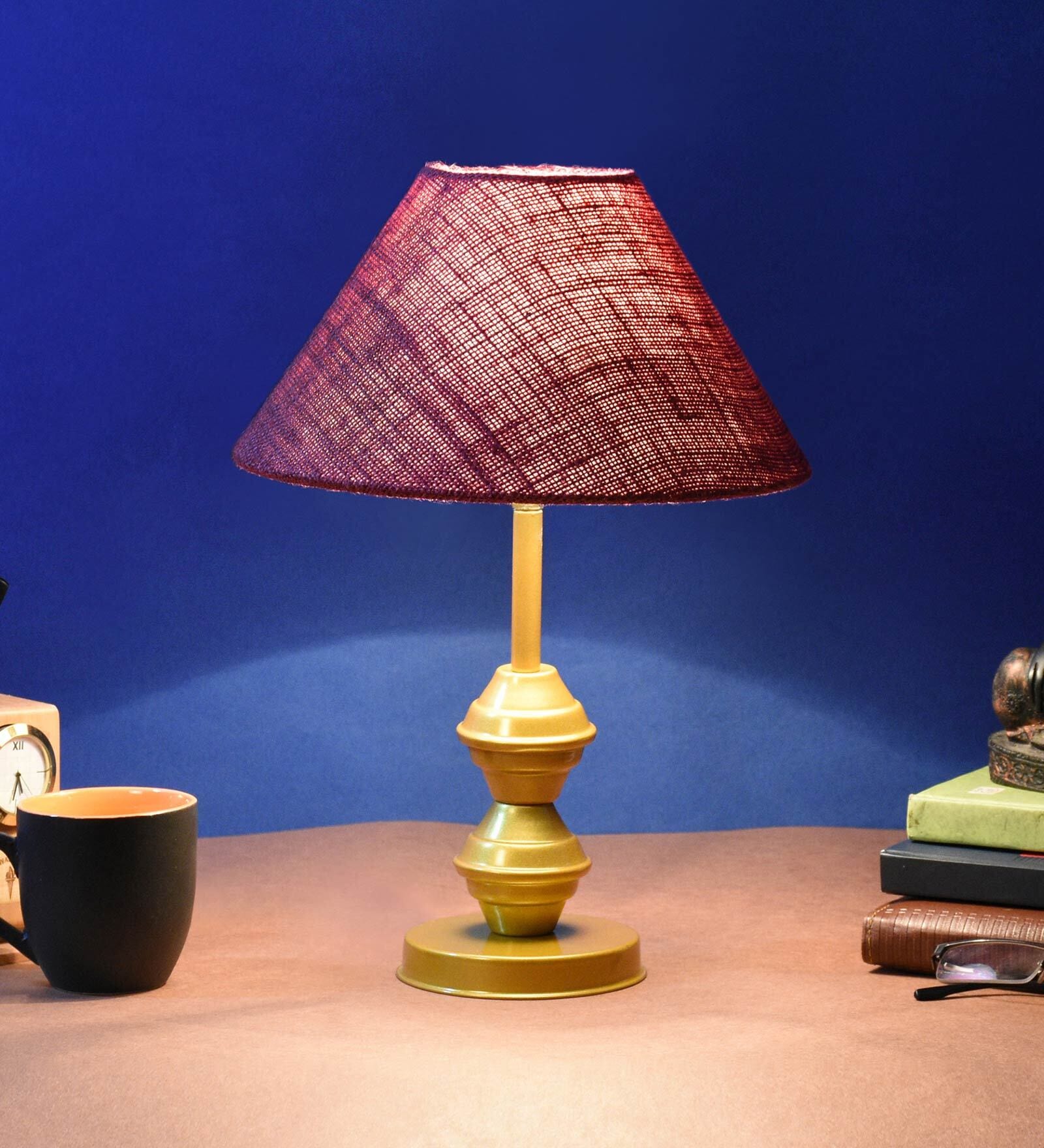 Maroon Shade Table Lamp With Metal Base