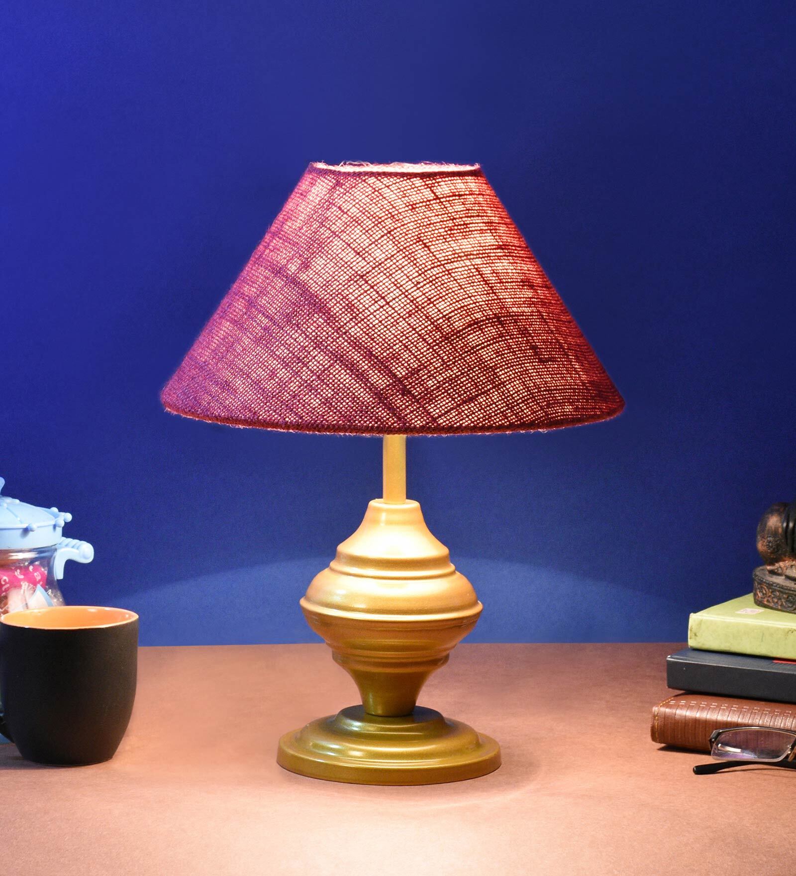 Maroon Shade Table Lamp With Metal Base