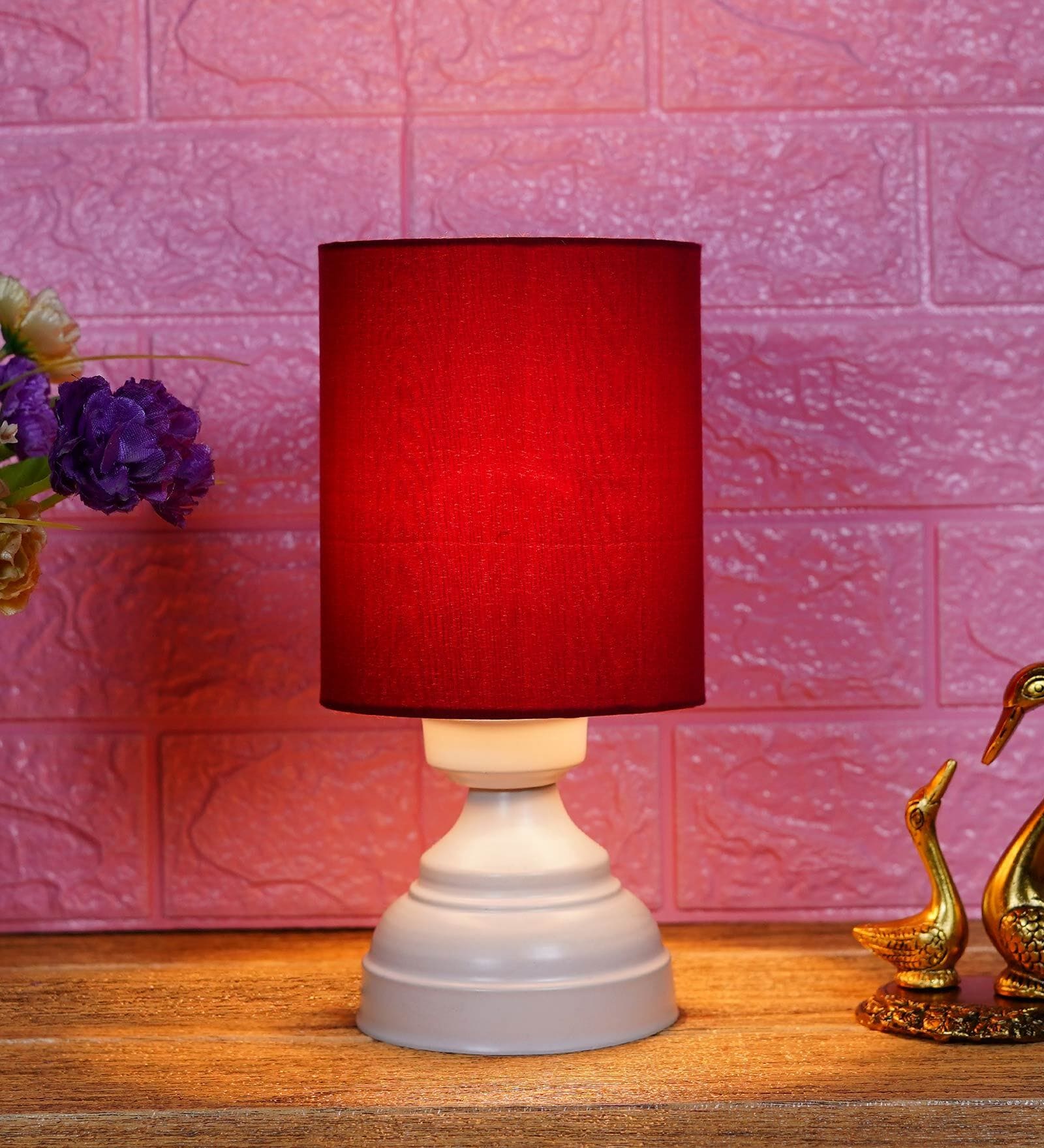 Maroon Shade Table Lamp With Metal Base