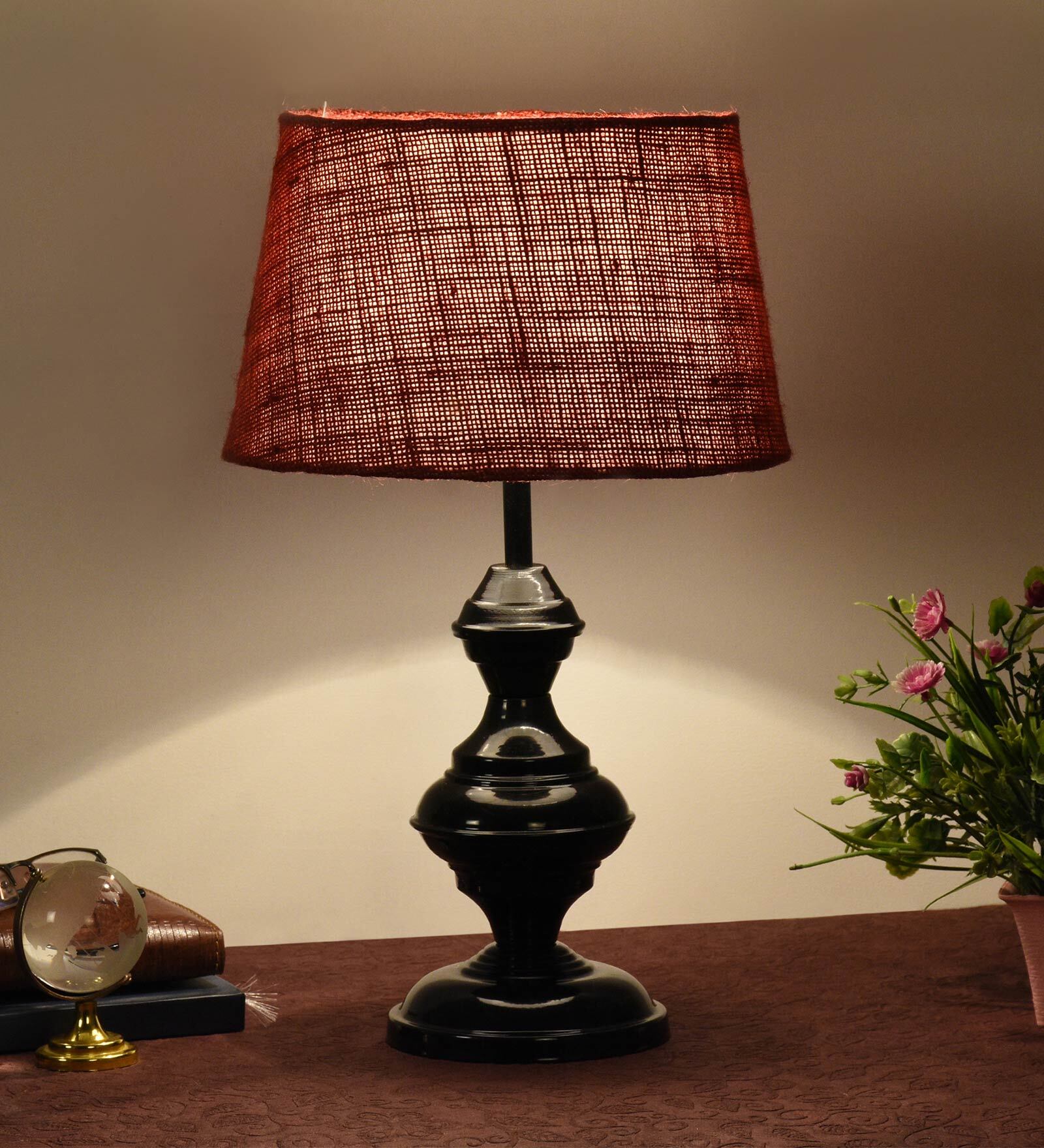 Maroon Shade Table Lamp With Metal Base