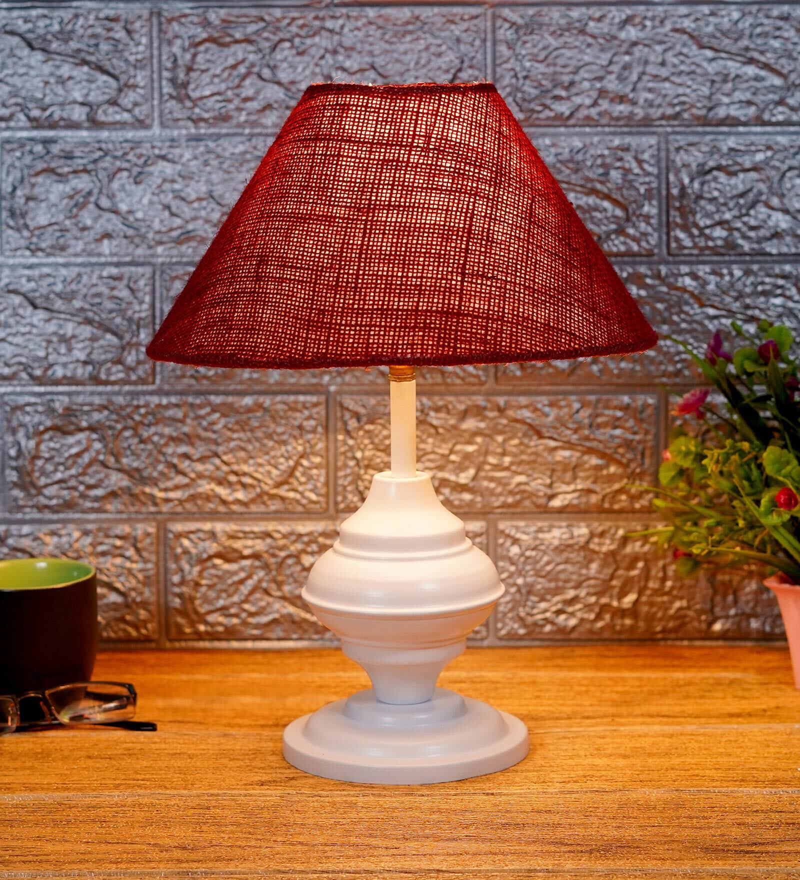 Maroon Shade Table Lamp With Metal Base