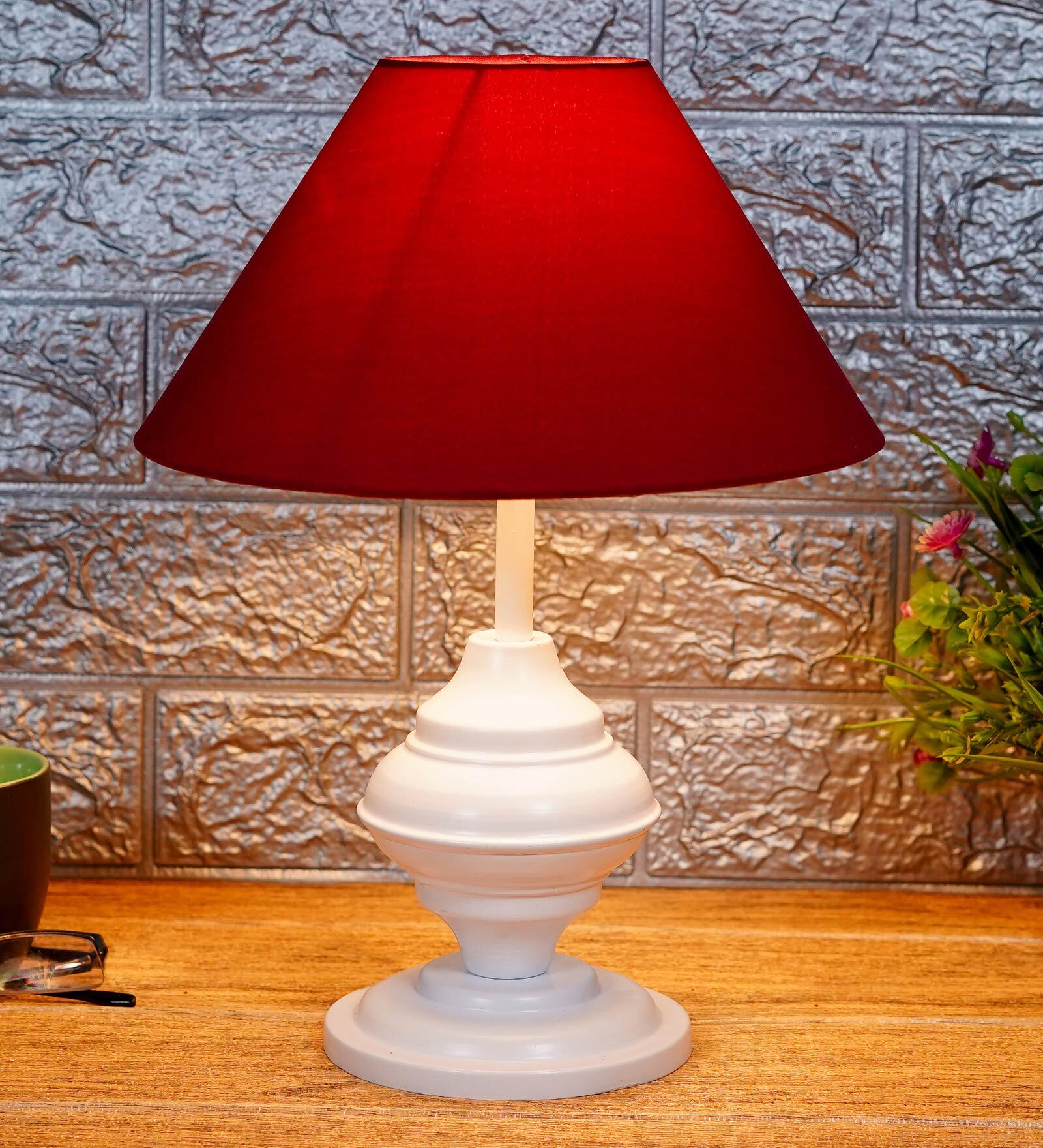 Maroon Shade Table Lamp With Metal Base