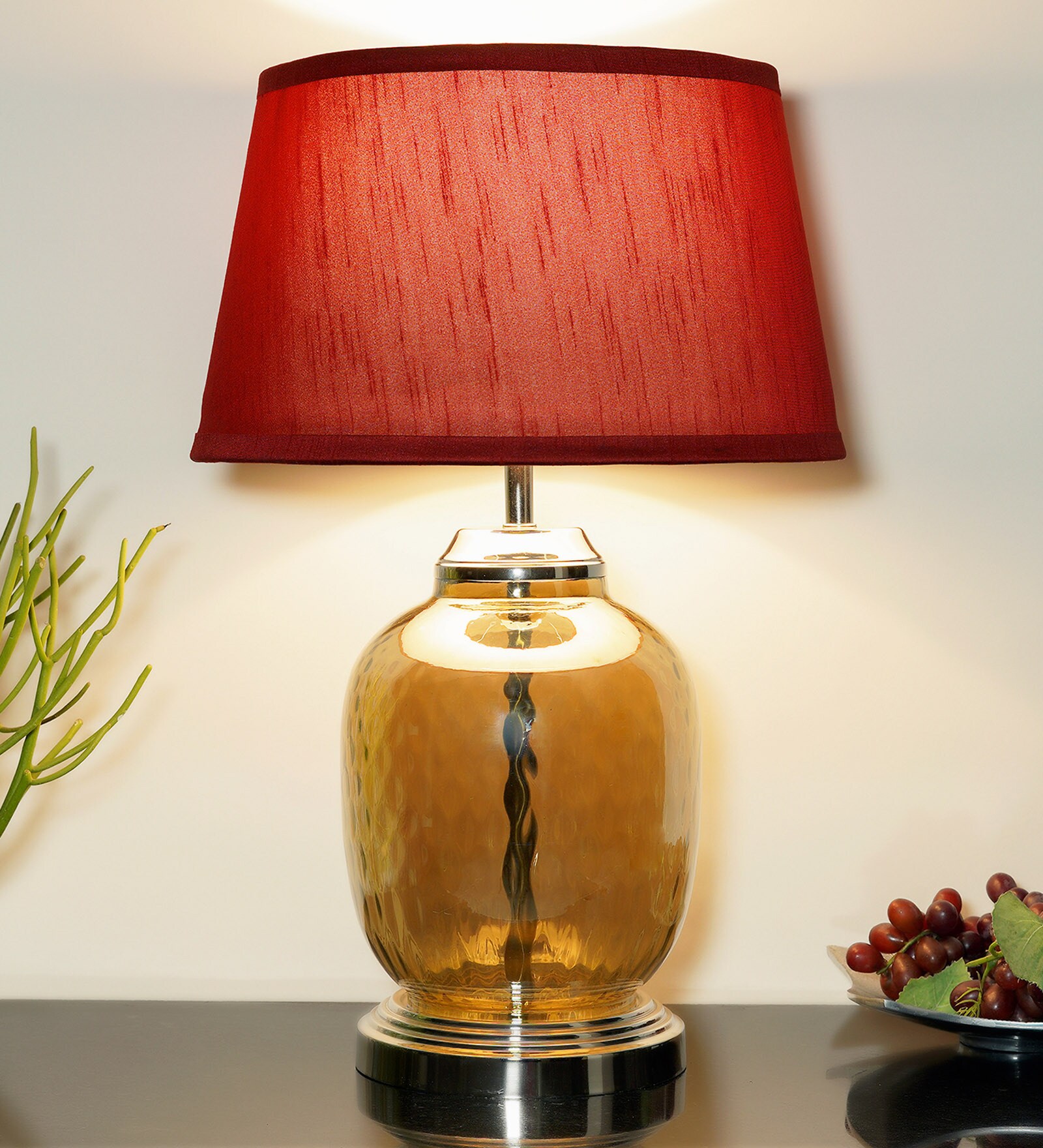 Ashley Maroon Cottan Fabric Shade Night Lamp With Metal & Glass Base