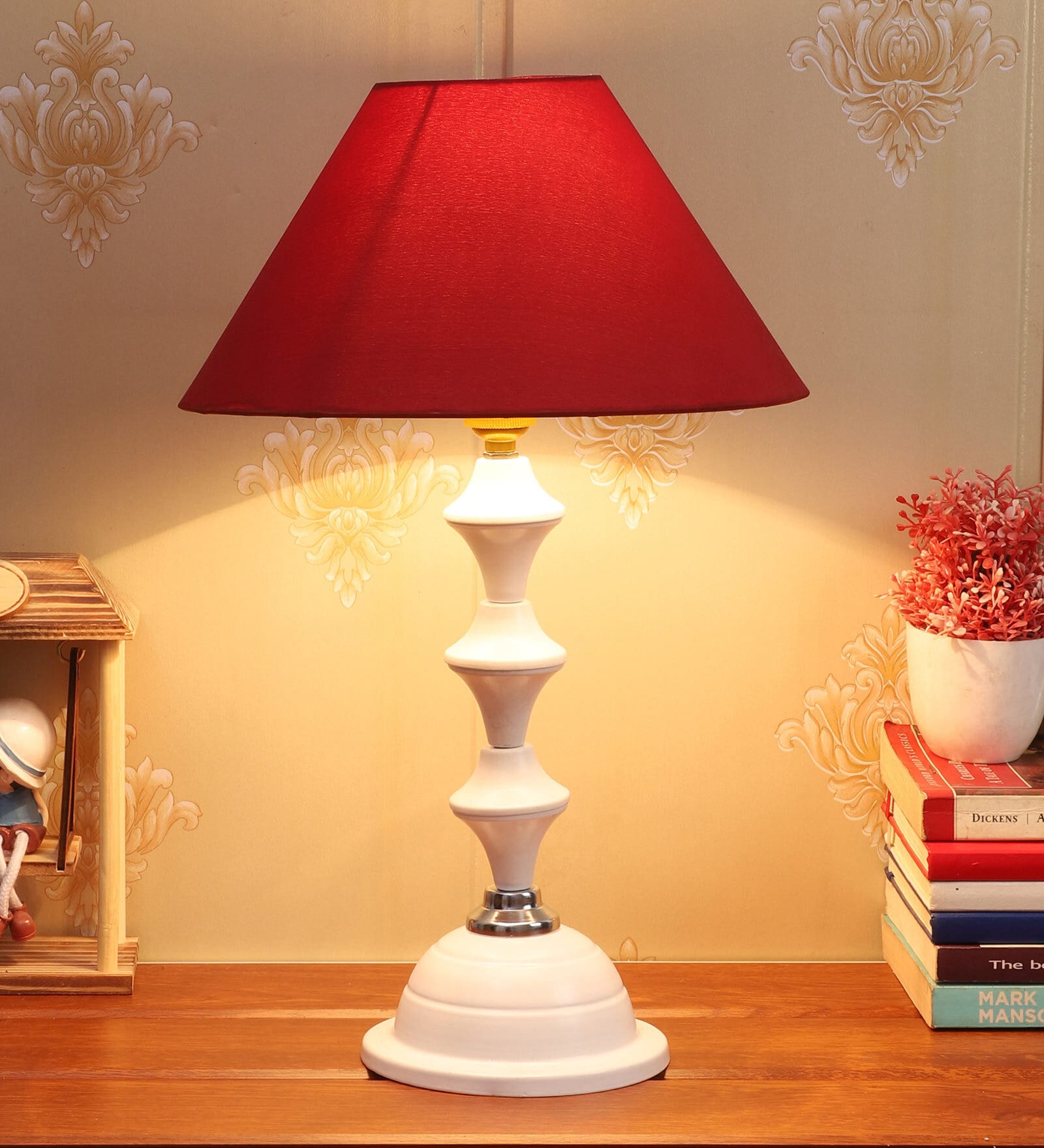 Maroon Shade Table Lamp With White Metal Base