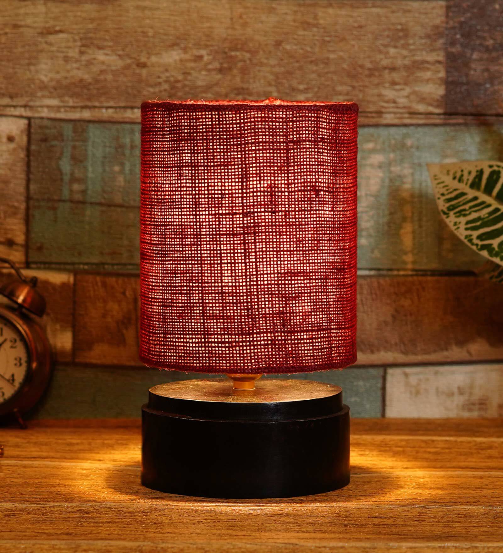 Maroon Shade Table Lamp With Wood Base