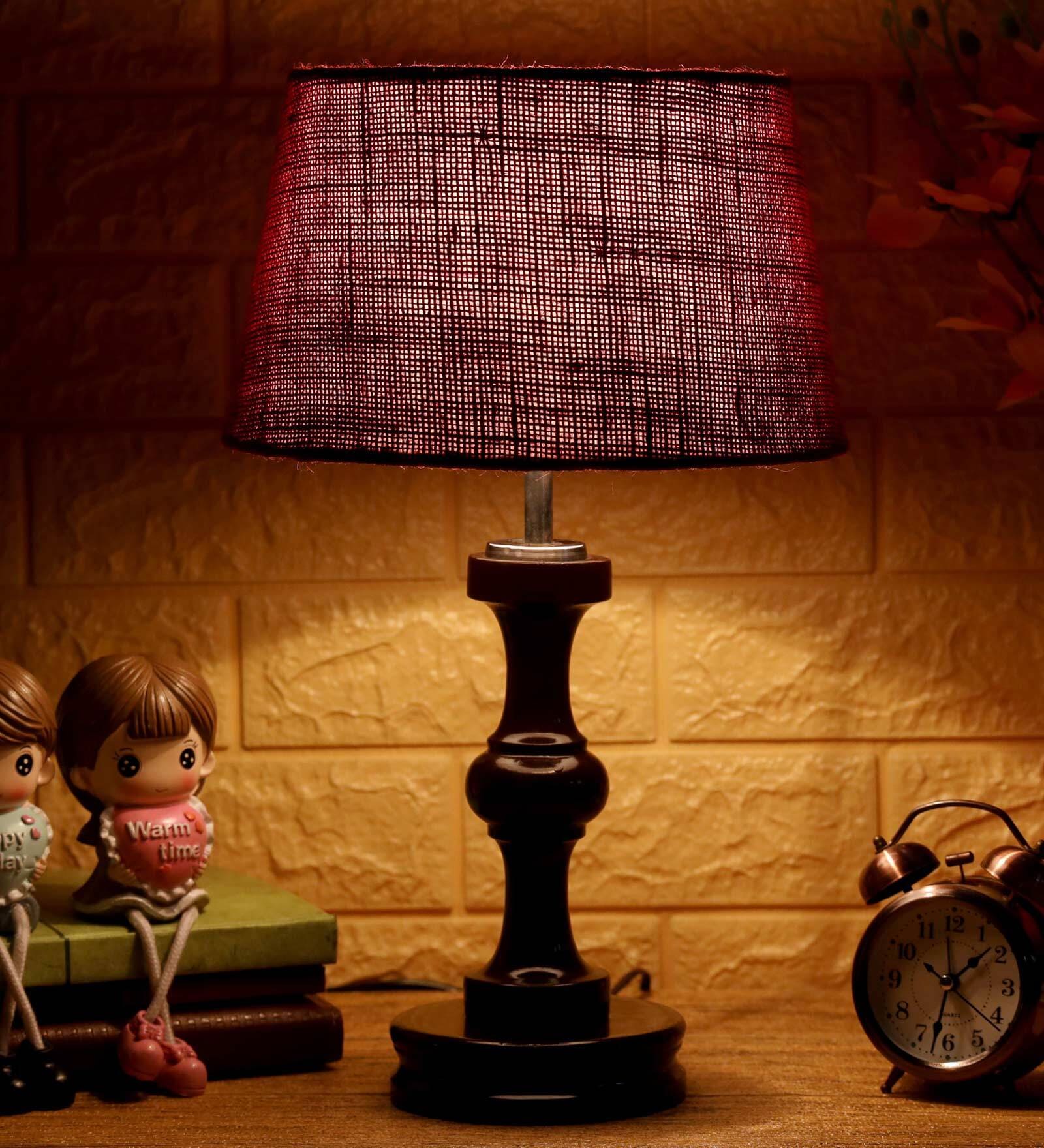 Premium Maroon Natural Fiber Shade Night Lamp With Wood Base