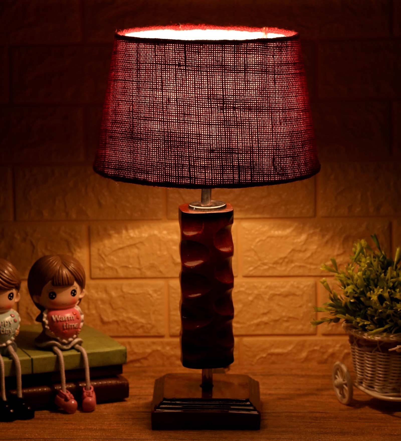 Florence Maroon Natural Fiber Shade Night Lamp With Wood Base