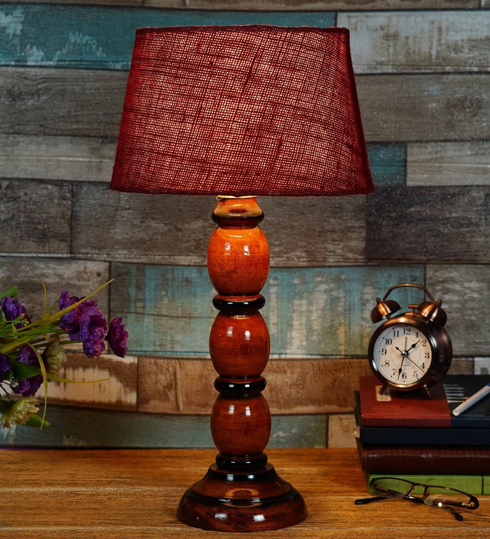 Elona Maroon Natural Fiber Shade Night Lamp With Wood Base